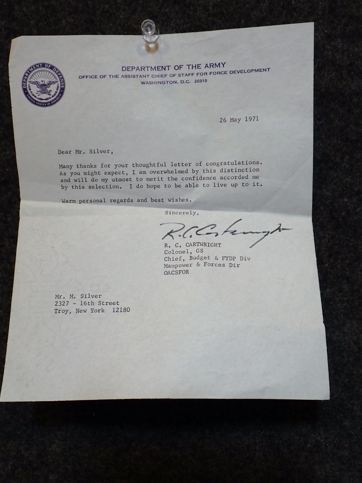 1971 Roscoe Cartwright African American U.S Army Brigadier General SIGNED LETTER