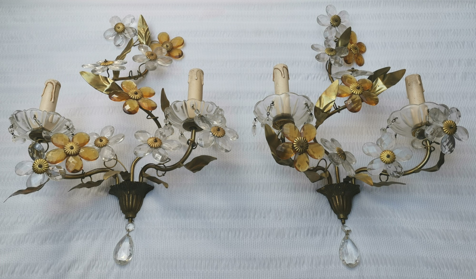 VINTAGE BAGUES BANCI style GILT TOLE GLASS FLOWERS PAIR WALL SCONCES 2 LIGHTS
