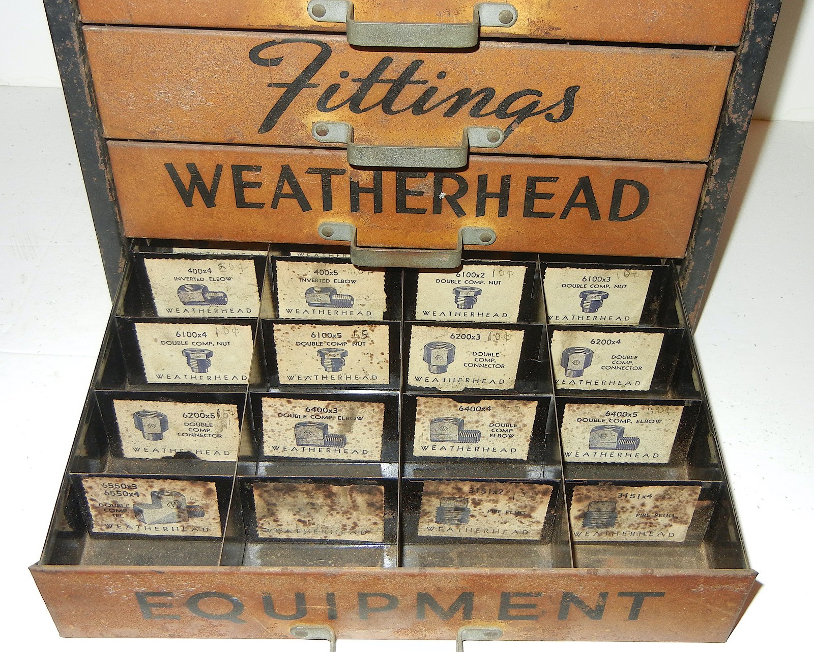 VINTAGE ORIGINAL WEATHERHEAD FITTINGS EQUIPMENT INVENTORY 4 DRAWER CABINET