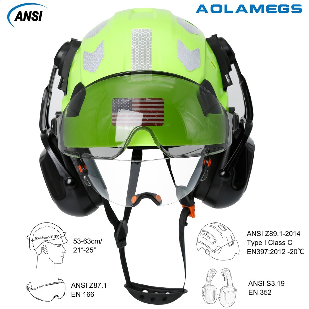 CE Construction Safety Helmet With Visor Built In Goggles Earmuffs ANSI Hard Hat