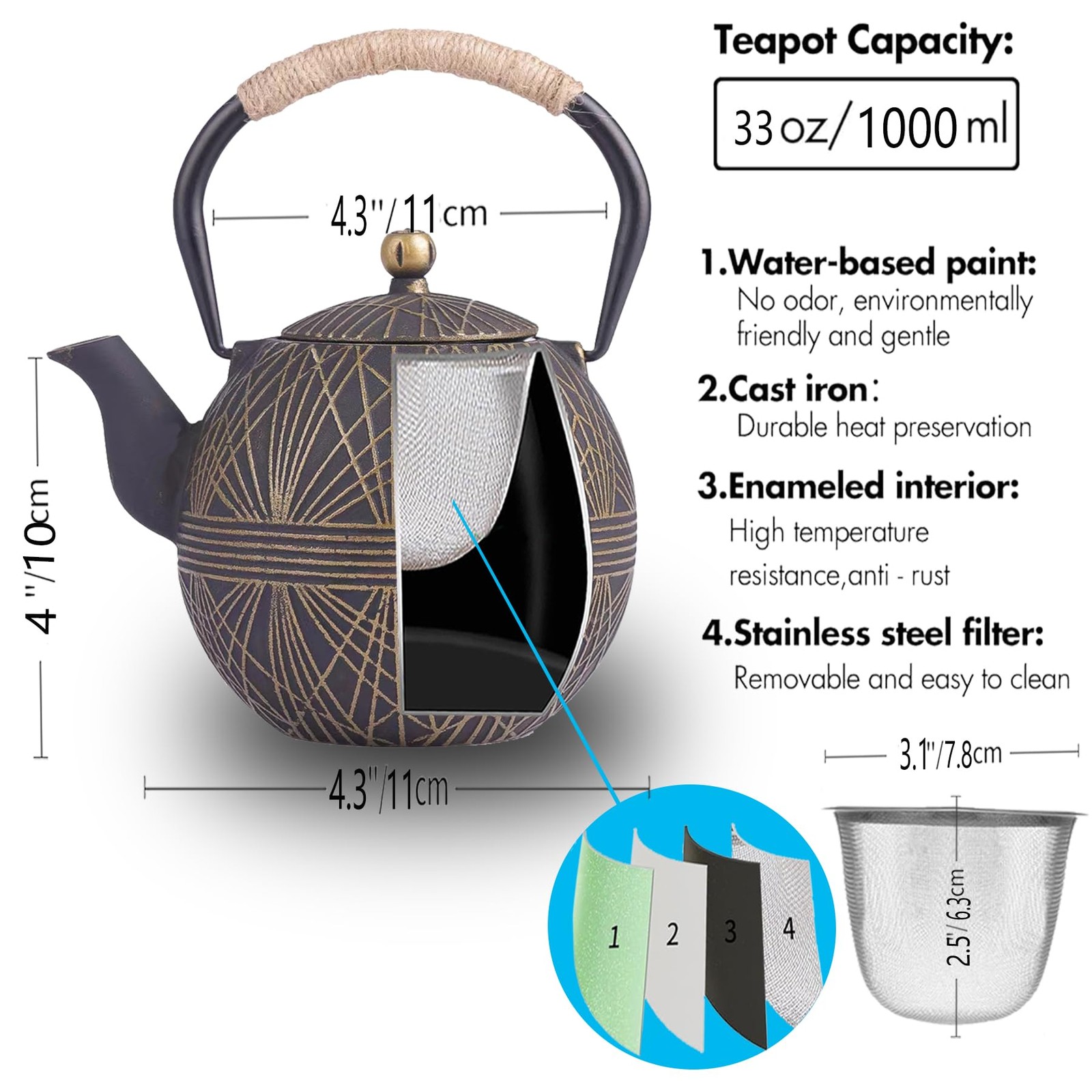 Enameled Cast Iron Teapot 34oz（1000ml） - Japanese Style Kettle with Removable...