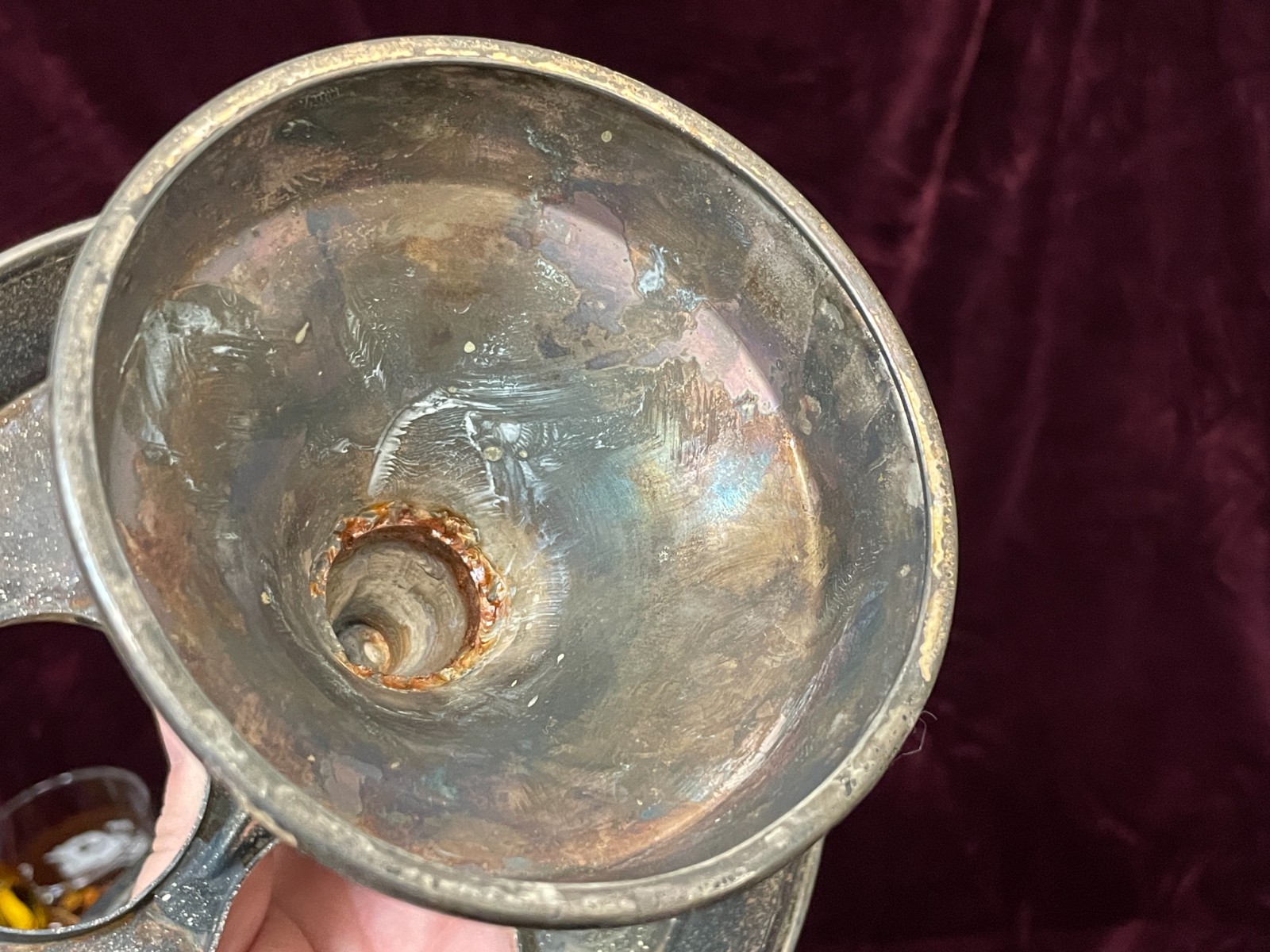 Antique 1800's Wilcox Silver Plate Cruet Condiment Set 3 Etched Amber Bottles