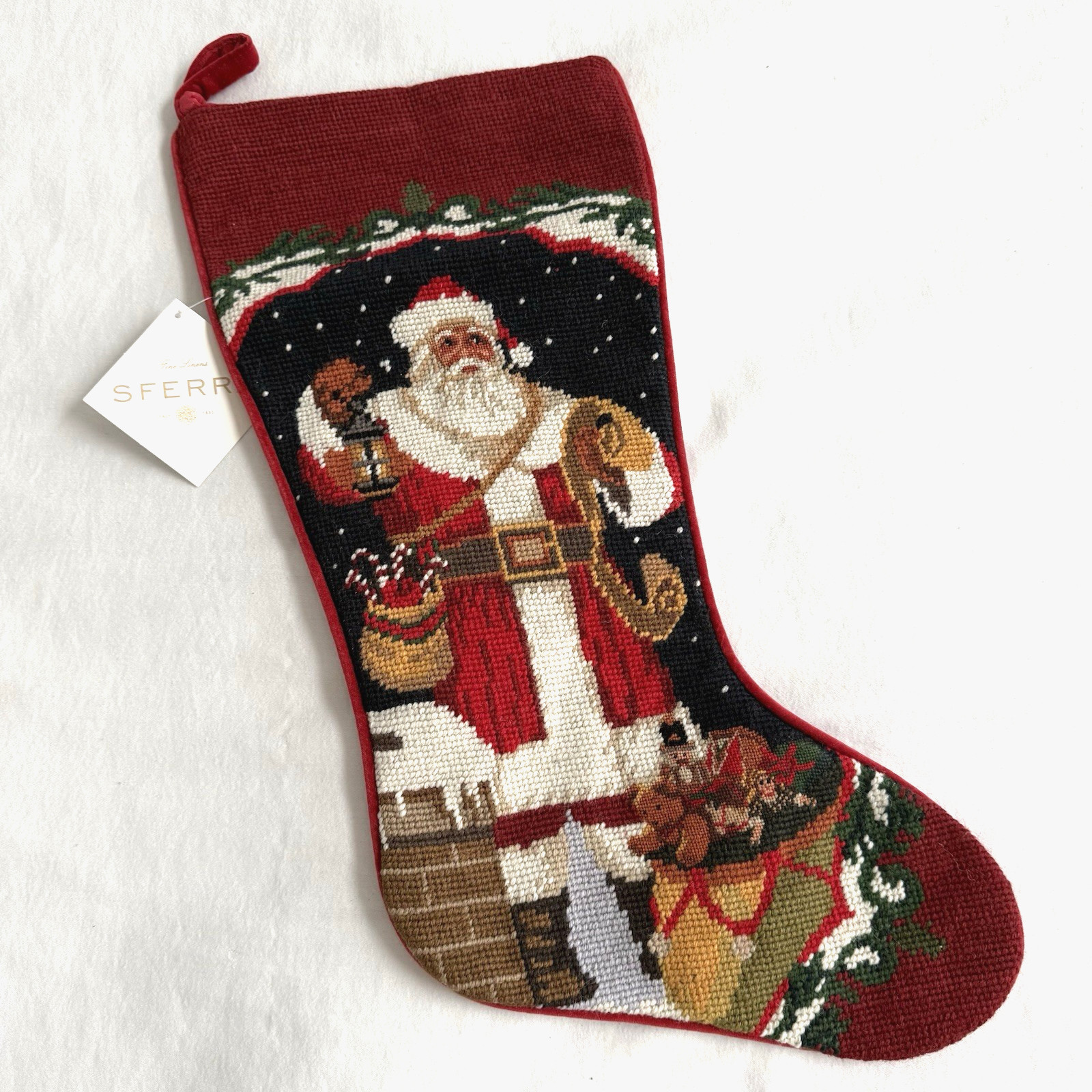 Sferra Needlepoint Christmas Stocking ROOFTOP SANTA Wool NEW
