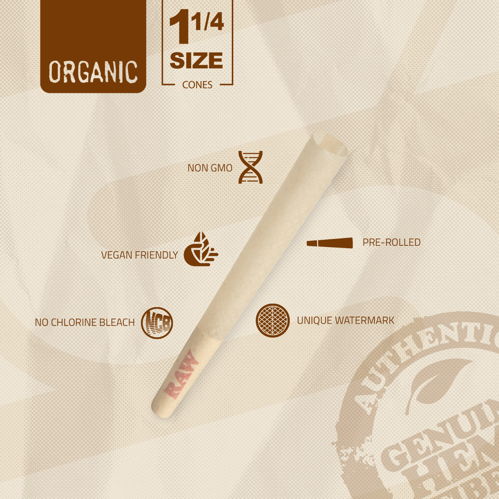 RAW Organic 1 1/4 Size Pre-Rolled Cones | 150 Pack | Slow Burning Papers