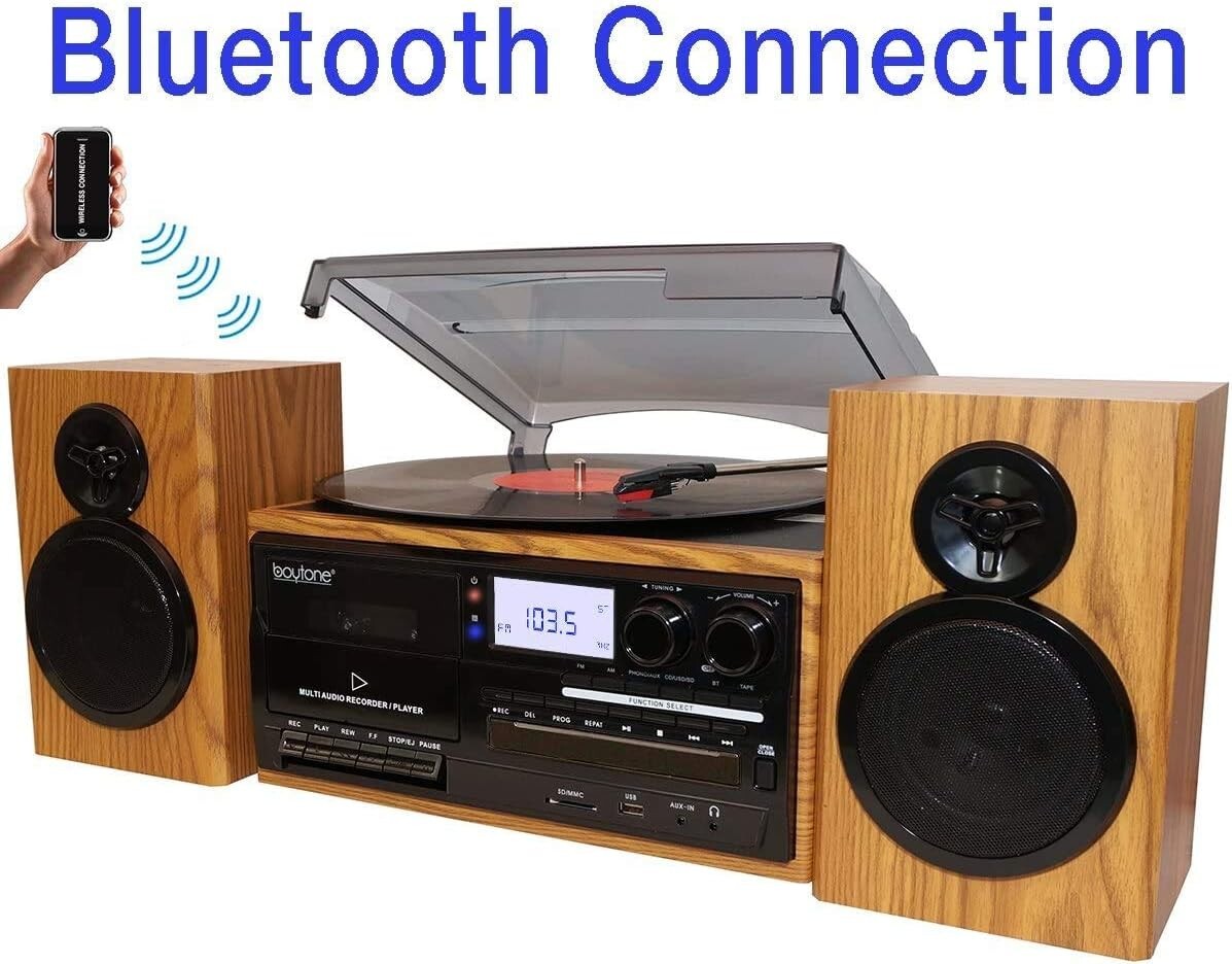 Boytone BT-28SPW Bluetooth Classic Style CD Player Turntable with AM/FM Radio