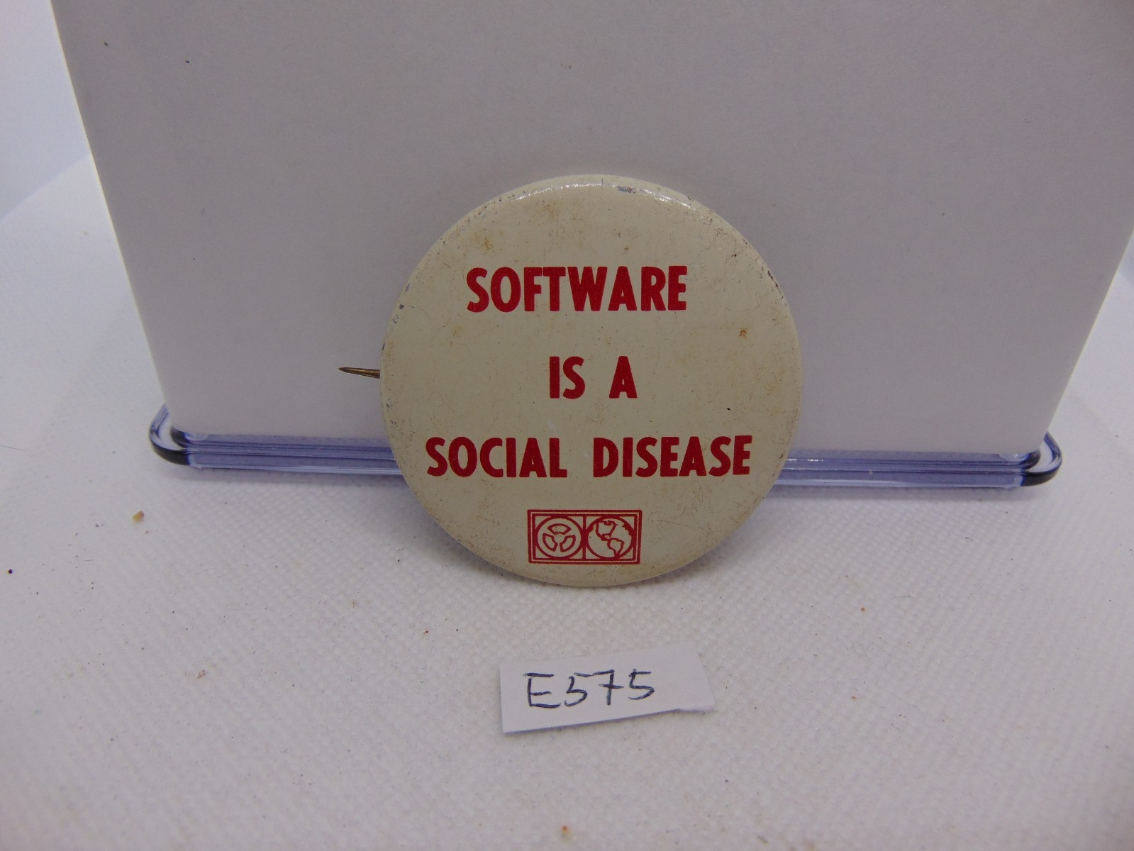 Vintage Computerworld Magazine Pinback Button Software is a Social Disease