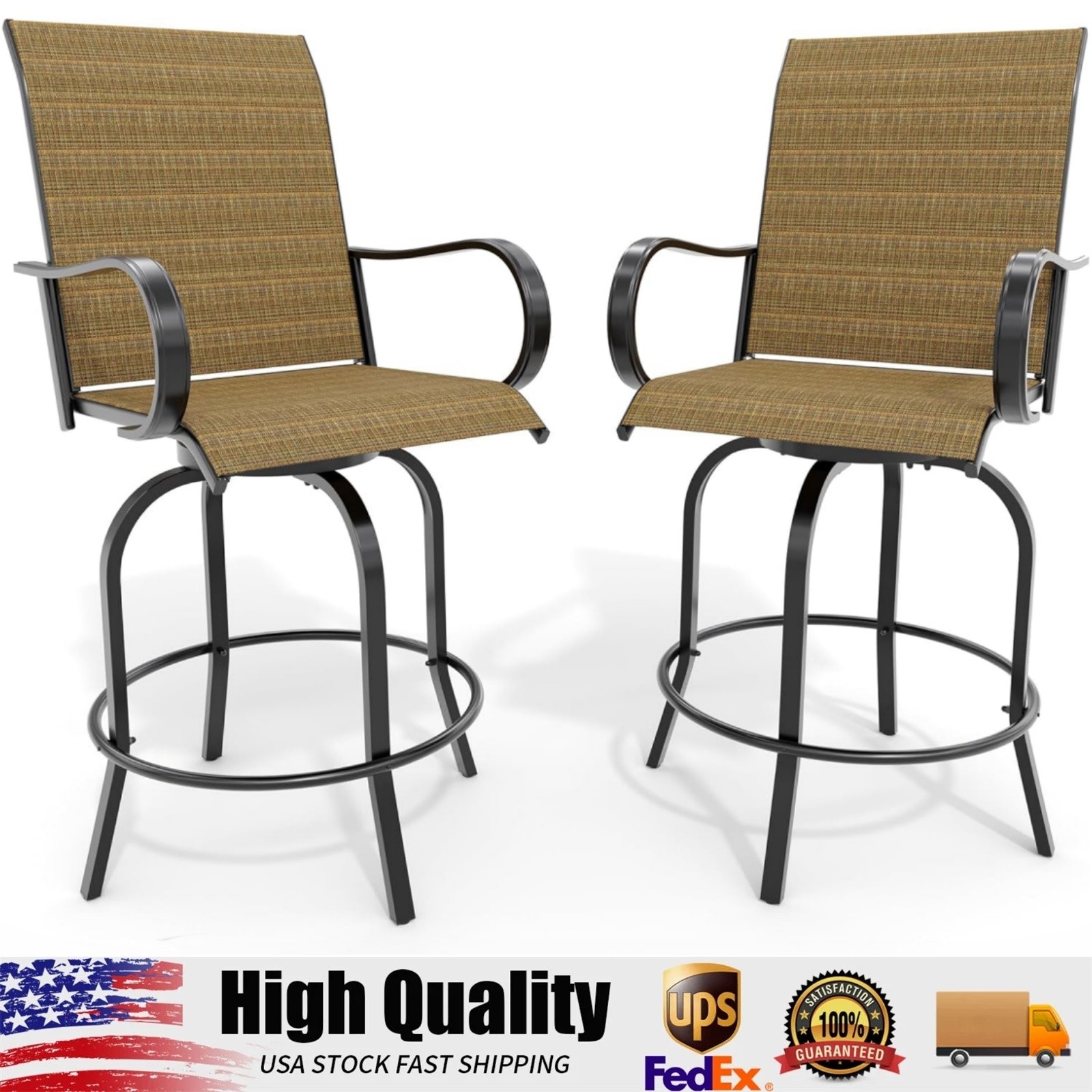 Patio Bar Stools Set of 2, Patio High Swivel Bar Stools with High Back & Armrest