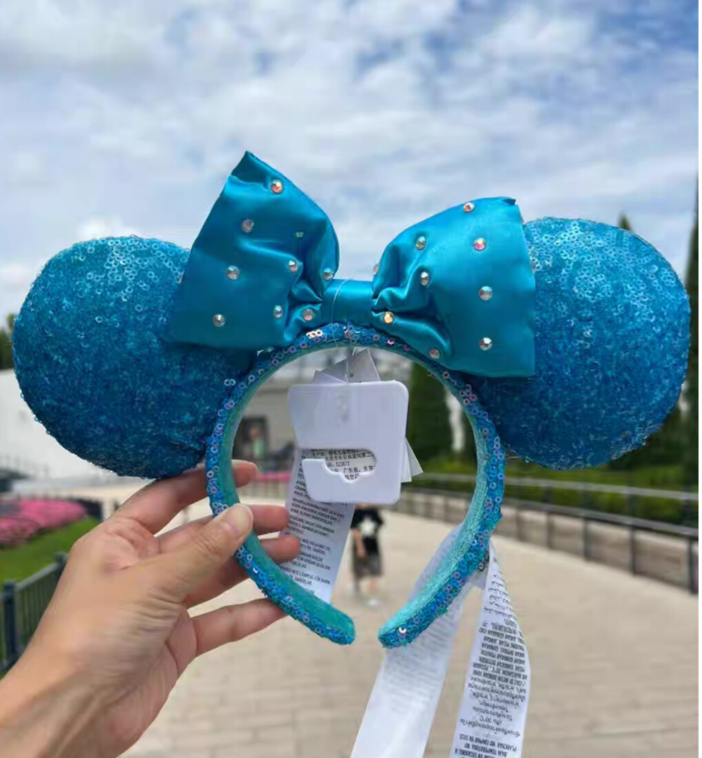 Disney-Parks Blue Aqua Sequin Diamond Minnie Mouse Mickey Ears Headband 2023
