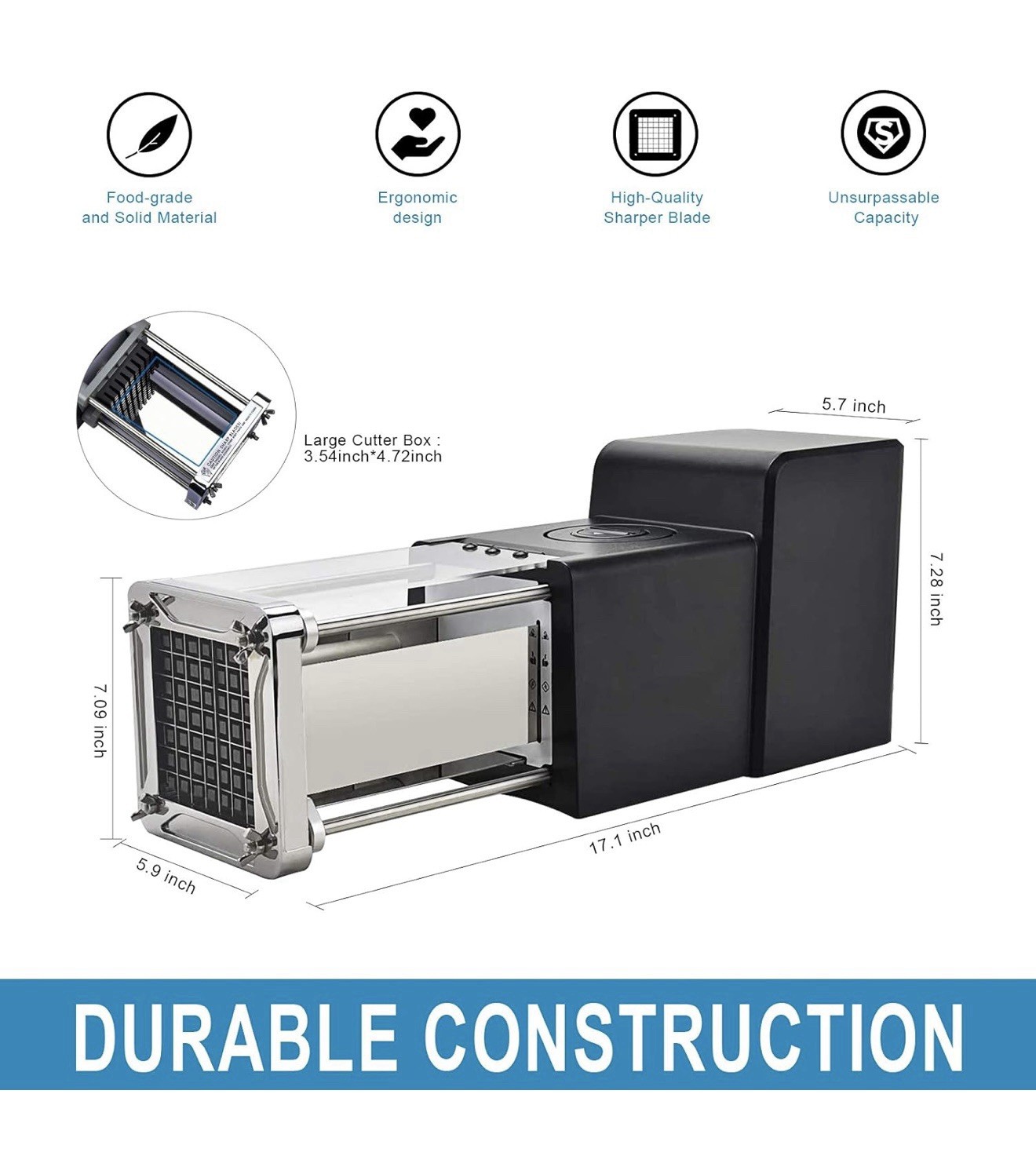 Electric French Fry Cutter, Stainless Steel Potato Cutter with 1/2 & 3/8 Blade