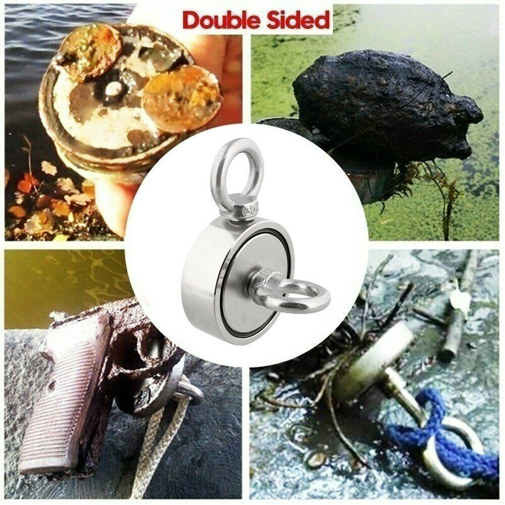 2000 LBS Strong Fishing Magnet Kit Double-Sided Pull Force and Rope Carabiner