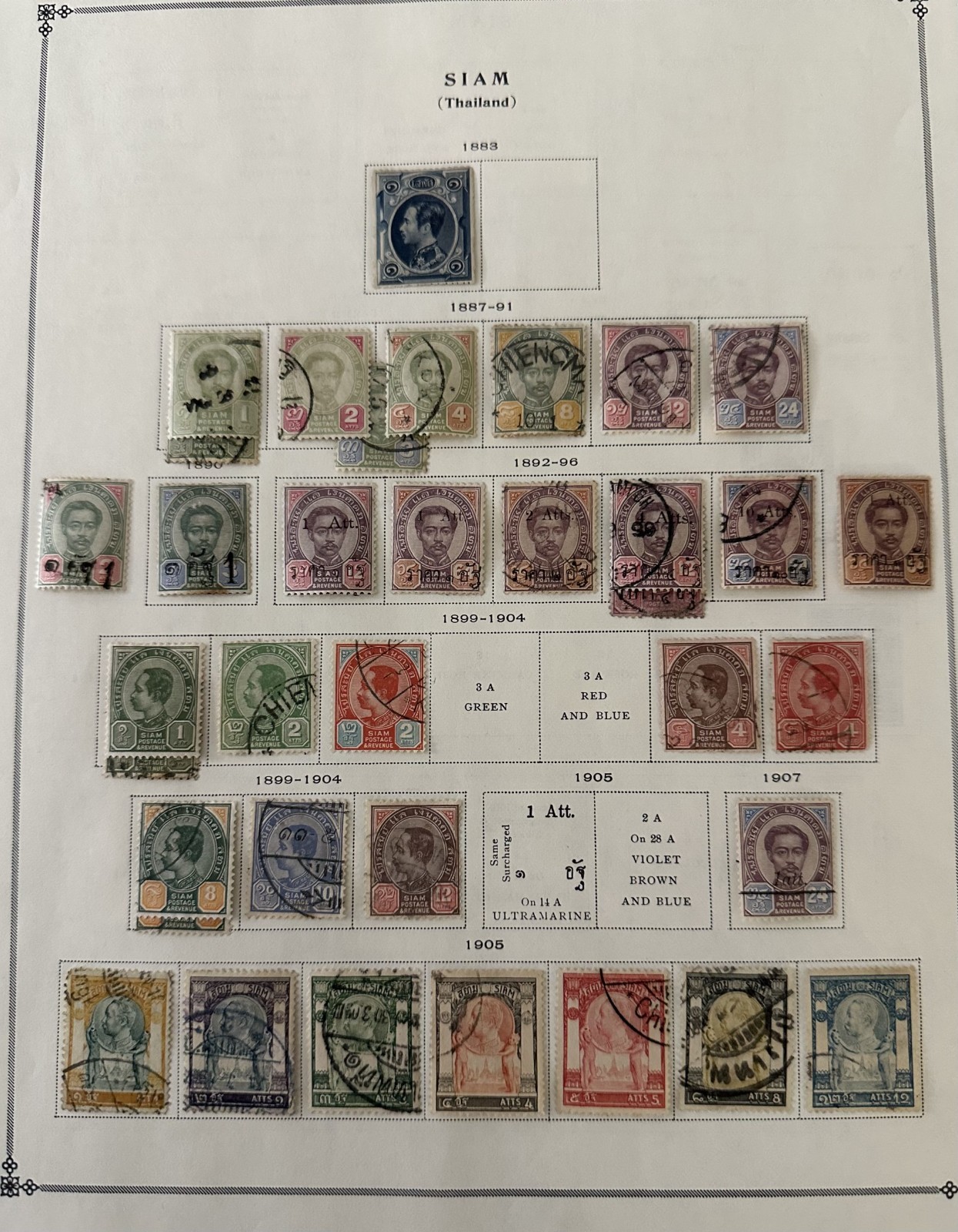 Siam (Thailand) Classic Stamps 1883–1920 Early Issues, Single Album Page 2 Sides