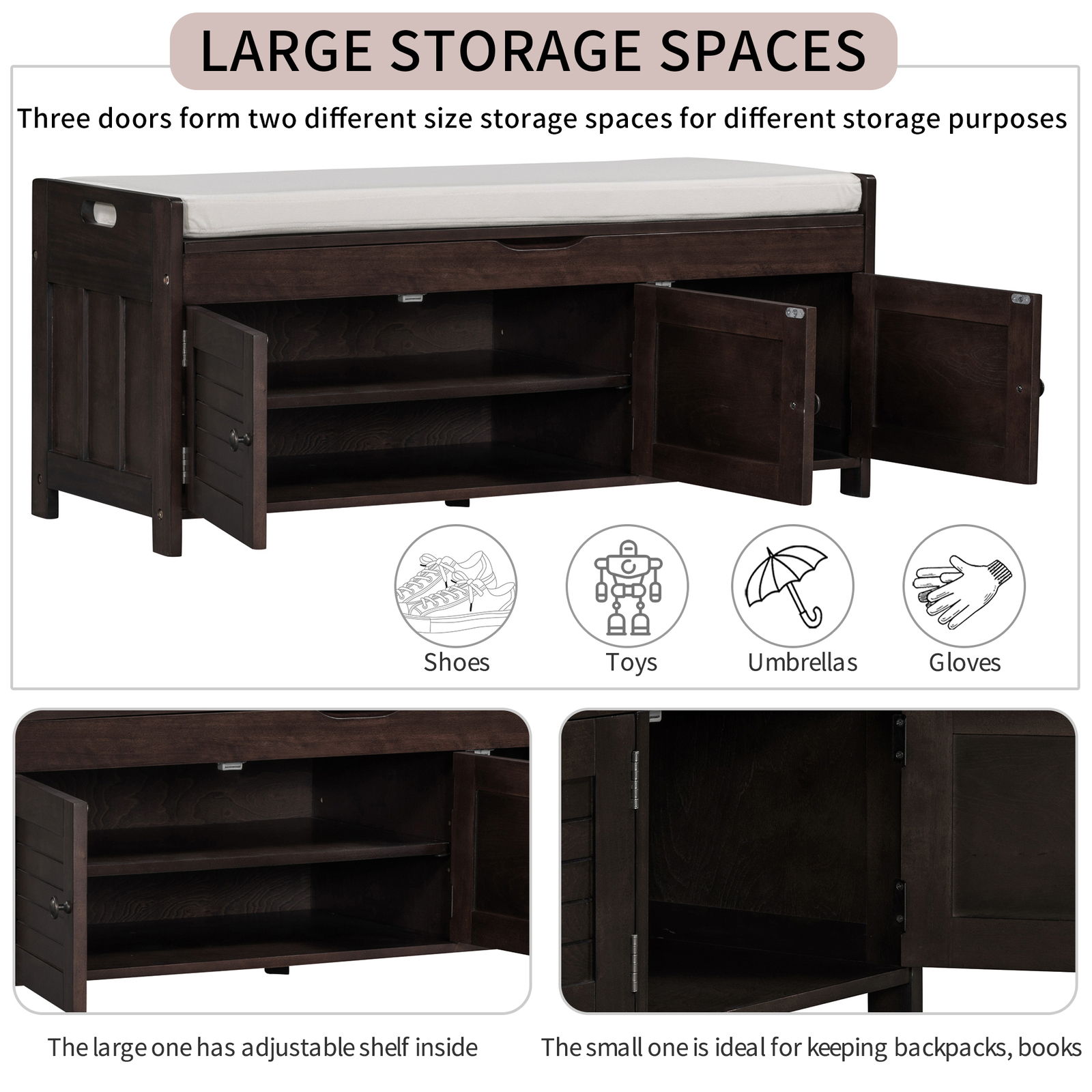 Storage Bench for Entryway, Shoe Bench with Lift Top Storage & 3 Doors w/Cushion