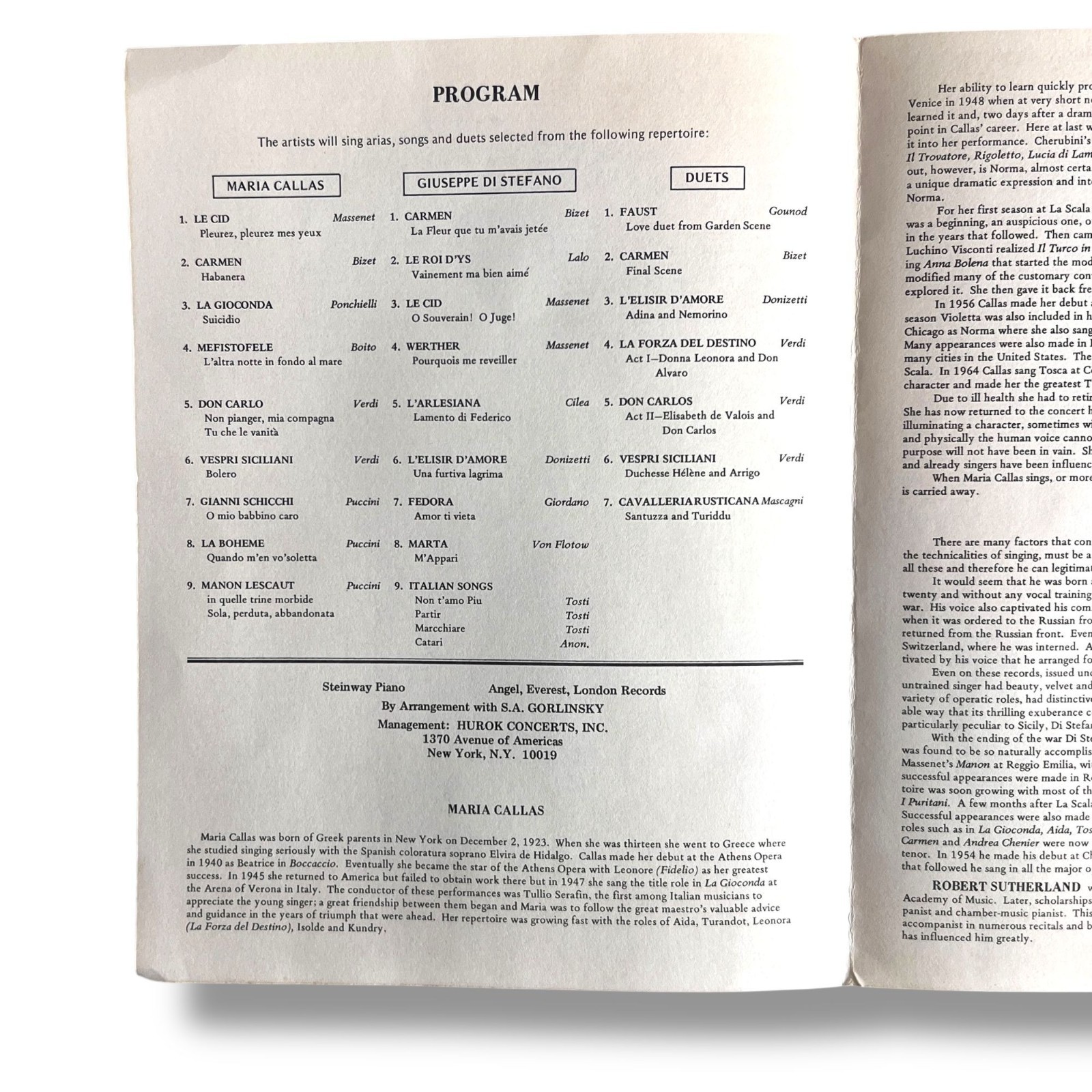 1974 An Evening with Maria Callas & Giuseppe Di Steffano Program Washington DC