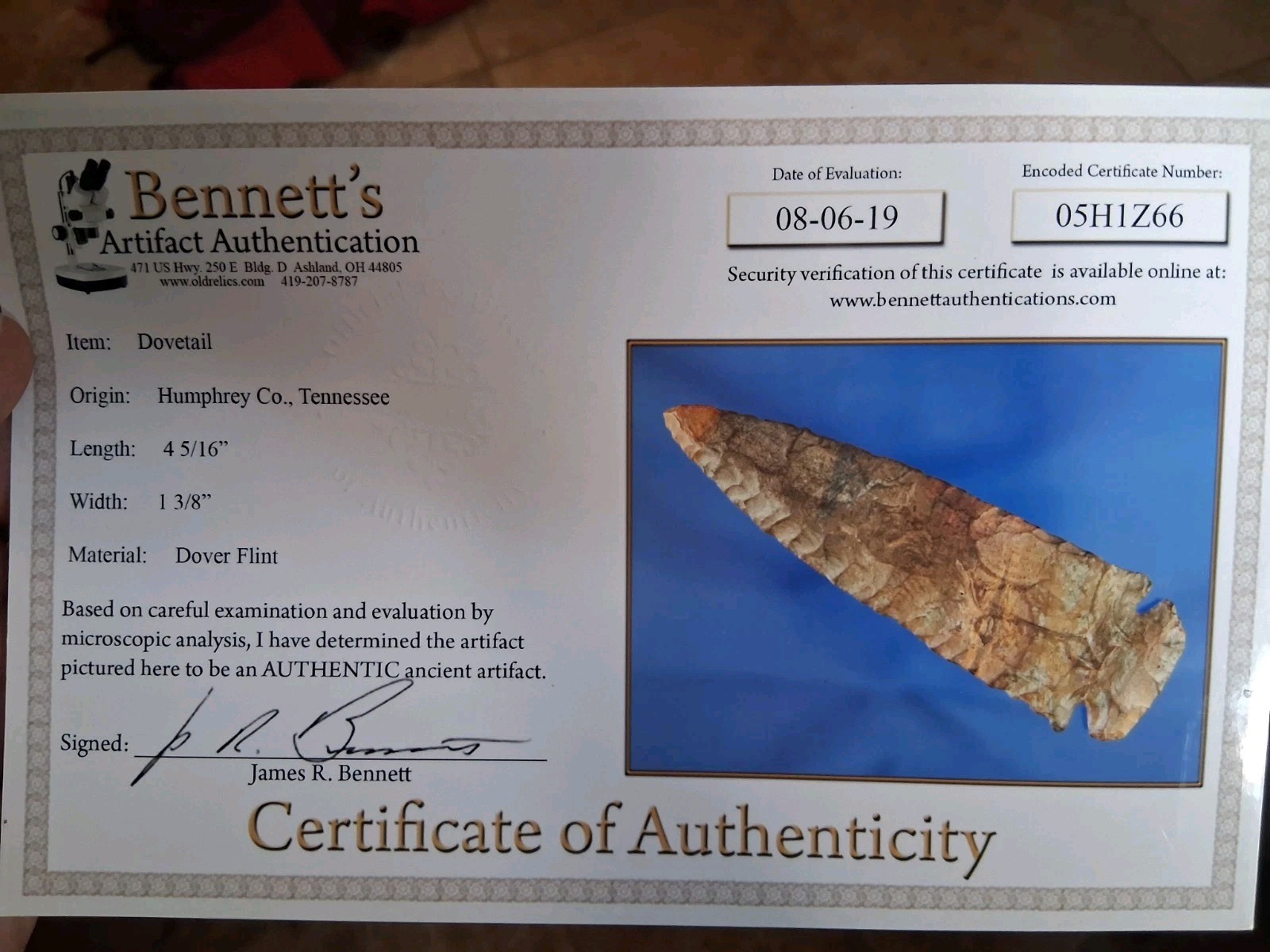 Dovetail -Collectors Grade- Bennett COA Humphrey Co, Tennessee