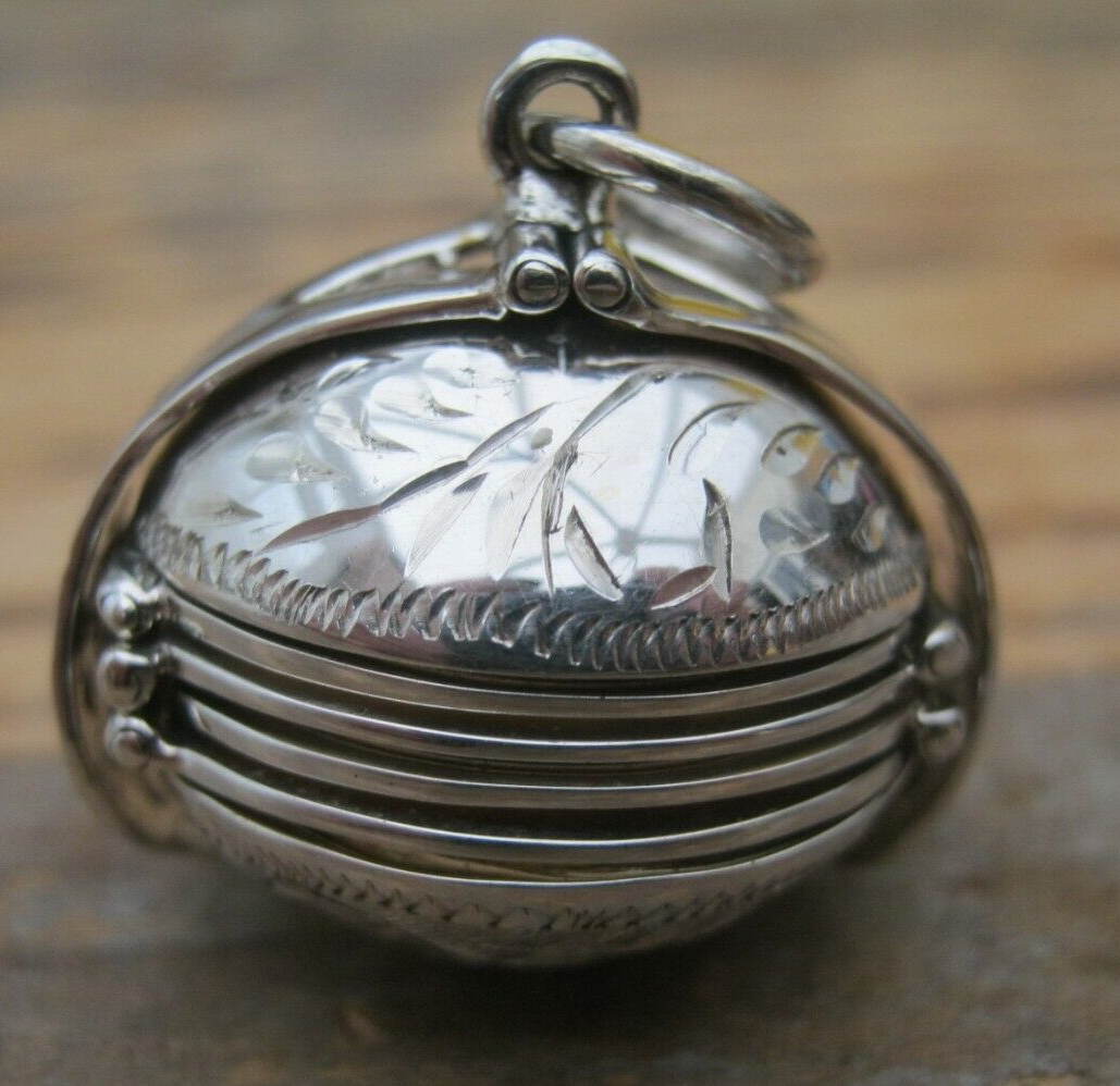 Pretty English HM Sterling Silver Engraved Folding Photo Ball Locket Pendant Fob