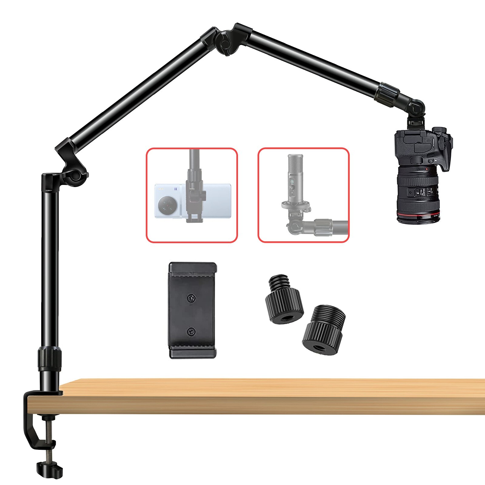Overhead Camera Mount Desk Stand, 3-Section Flexible Detachable Articulating Arm