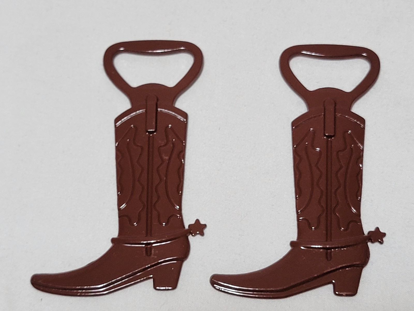 2 X Brown Cowboy Boot Bottle Openers Lot 3.5" Metal w/ Spurs top opener pair set