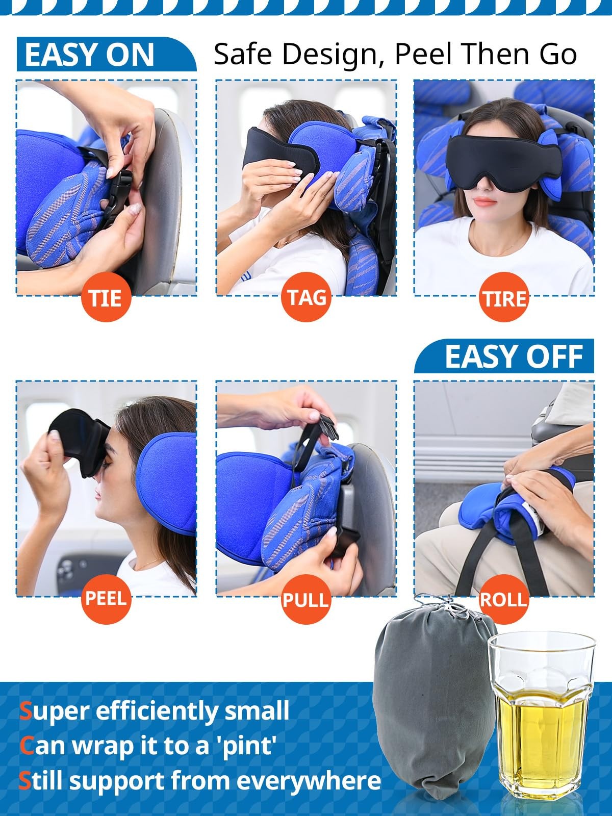 Travel Pillow for Airplanes with Head Strap & Eye Mask, 360° Support Headrest