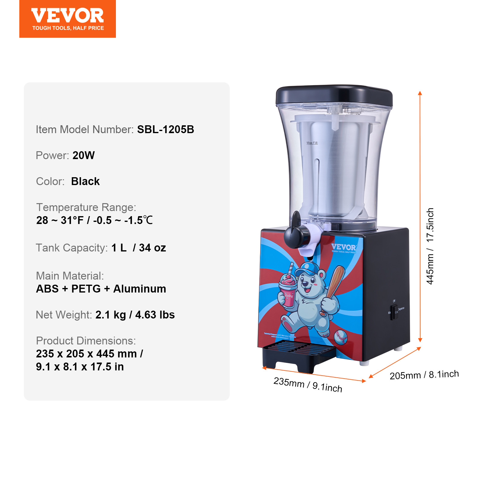 VEVOR Slushy Machine Home Margarita Slush Maker 34oz Smoothie Frozen Drink Maker