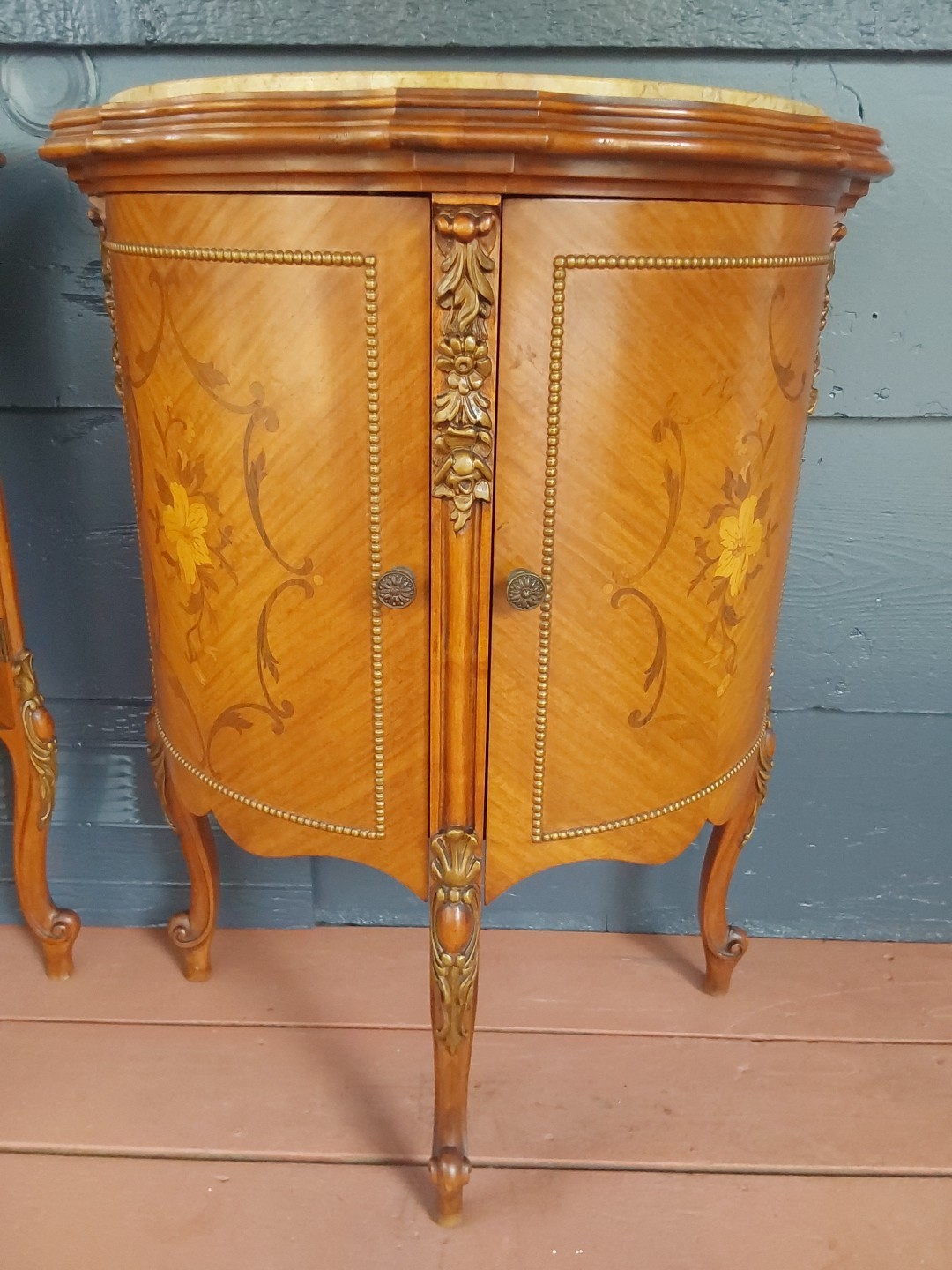 Vintage French Demilune Inlayed Wood End Tables w/Marble Tops 30 Tall X 23" Wide