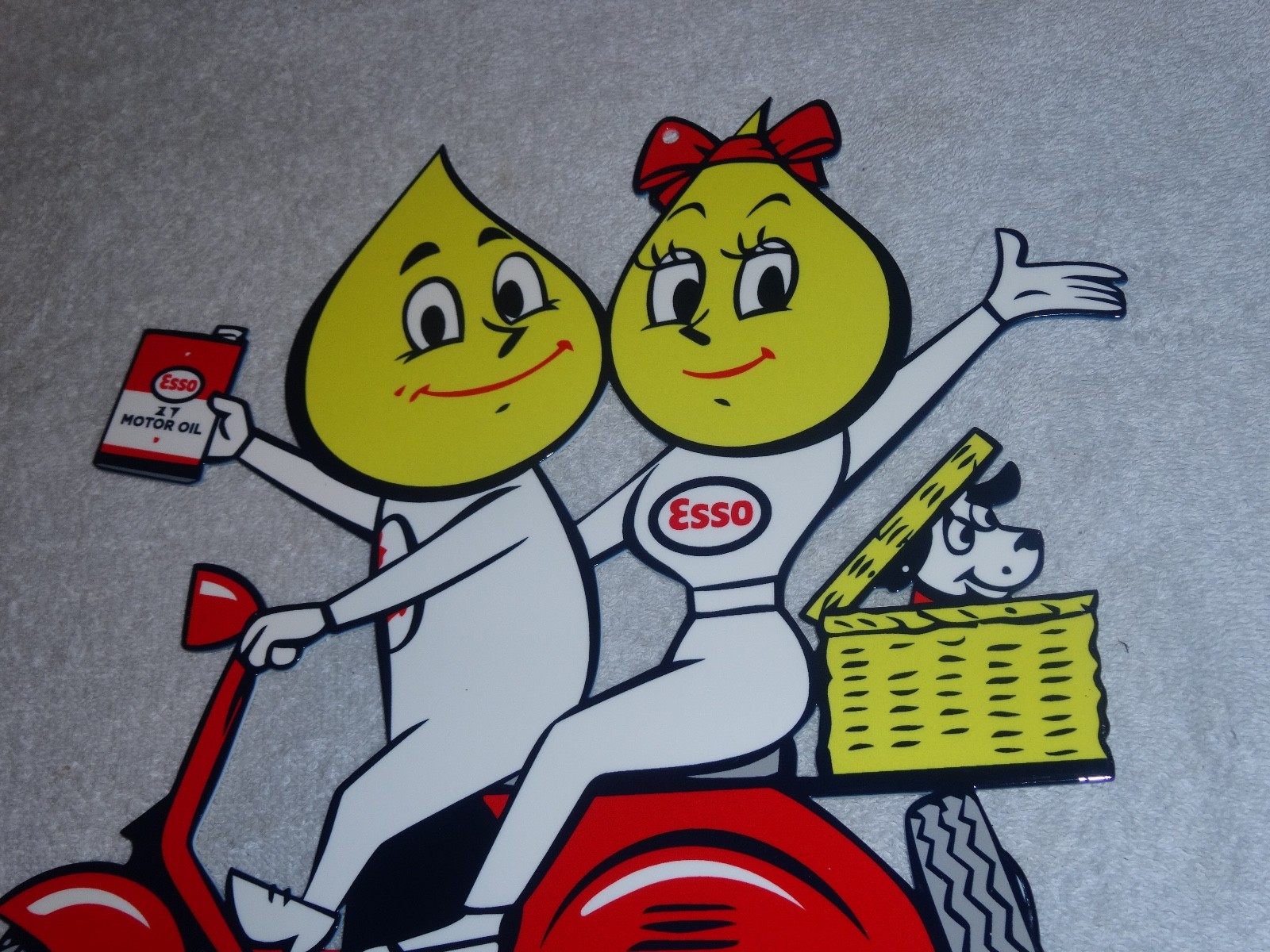 VINTAGE ESSO OIL DROP BOY & GIRL ON VESPA SCOOTER W/ DOG 12" METAL GASOLINE SIGN