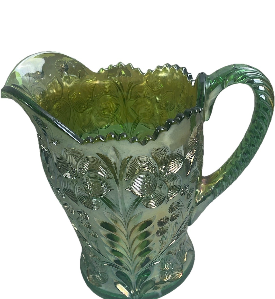 RARE IMPERIAL GREEN CARNIVAL GLASS TIGER LILY PATTERN 5 PC WATER SET