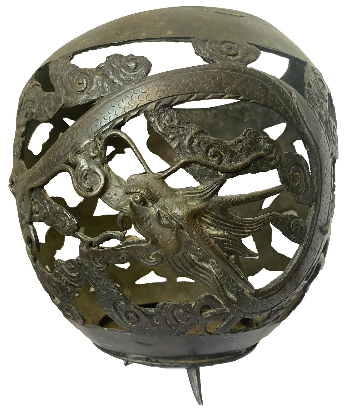 Antique Chinese Qing Dynasty Openwork Bronze with Dragon & Clouds 9” 4lbs c.1900