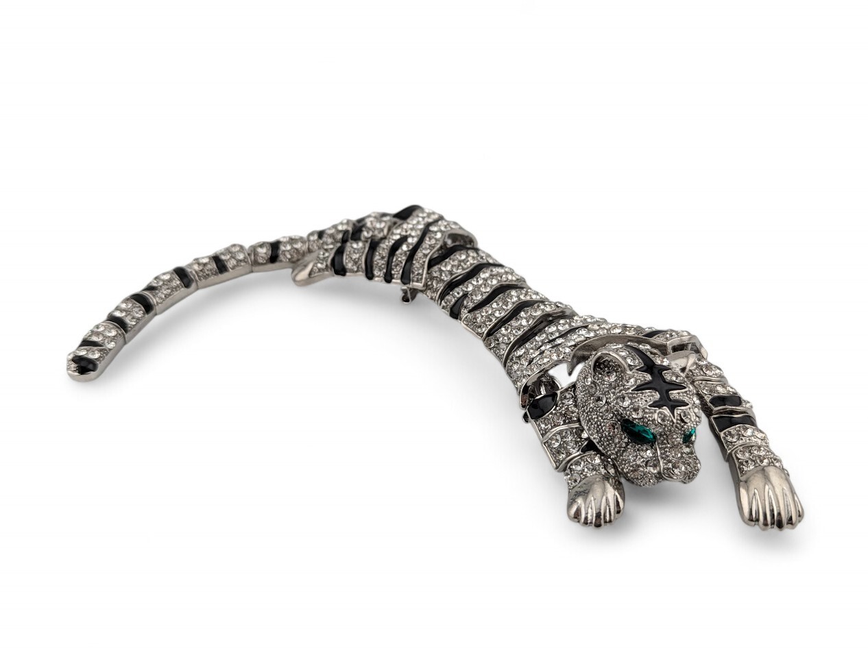 HUGE DRAPING WHITE TIGER SHOULDER BROOCH crystal enamel silvertone panther 7Z