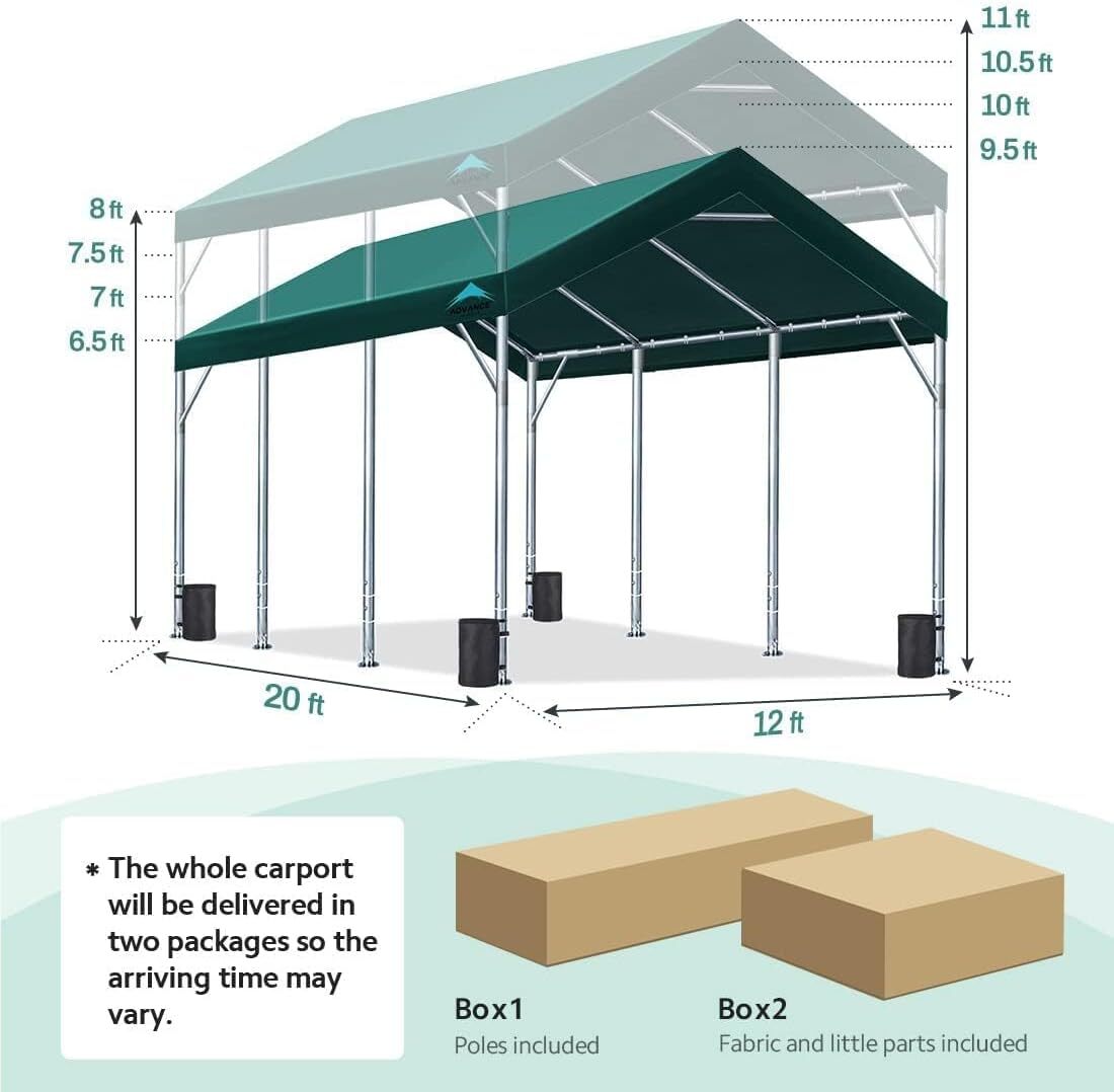 ADVANCE OUTDOOR 12x20 ft Adjustable Peak Heavy Duty Carport Car Boat Shelter