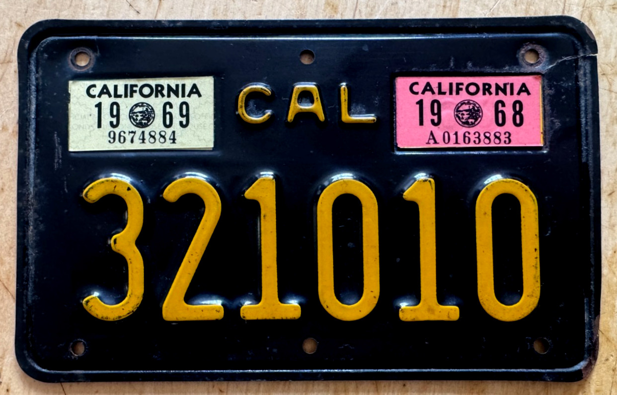 1963 1968 1969 CALIFORNIA  MOTORCYCLE  LICENSE PLATE " 321010 " CA