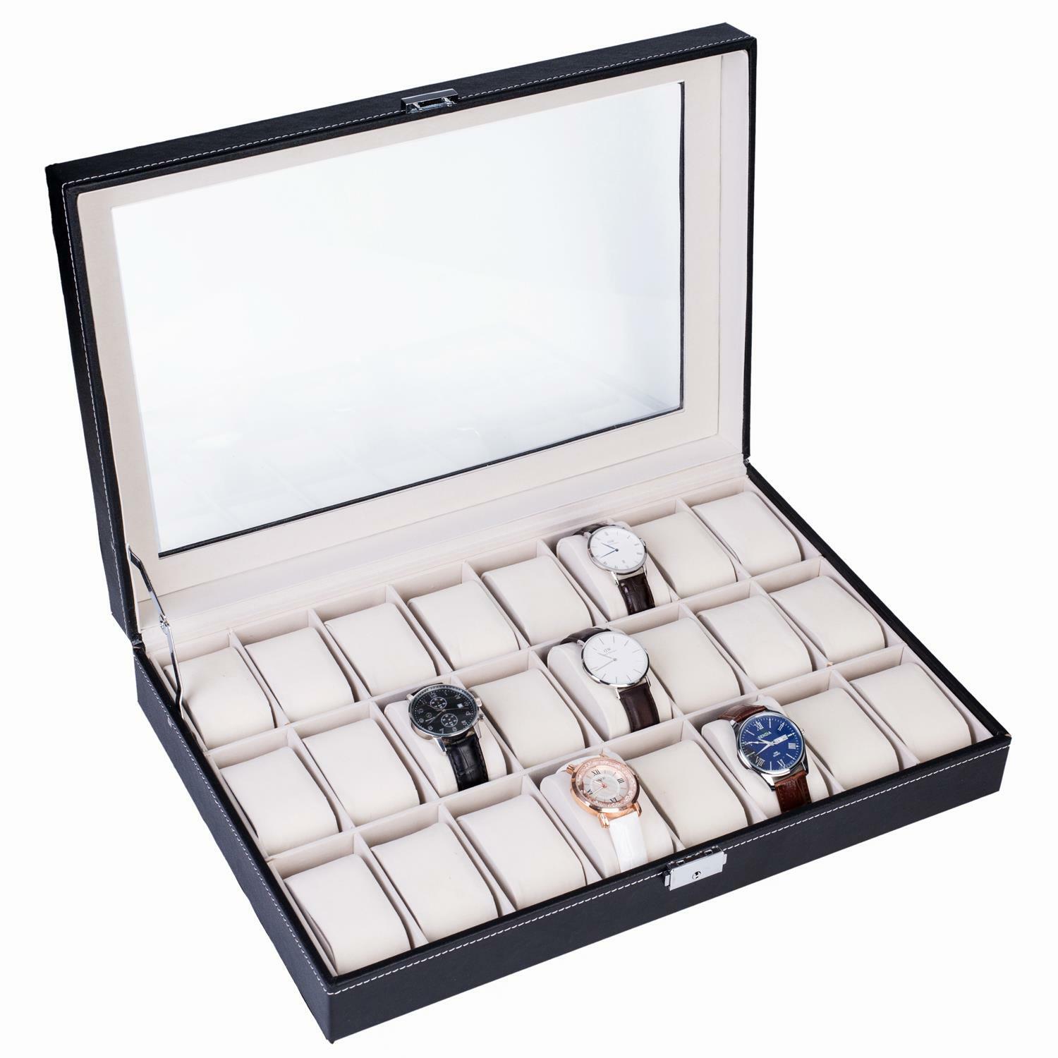 24 Slot Watch Box Leather Display Case Organizer Top Glass Storage