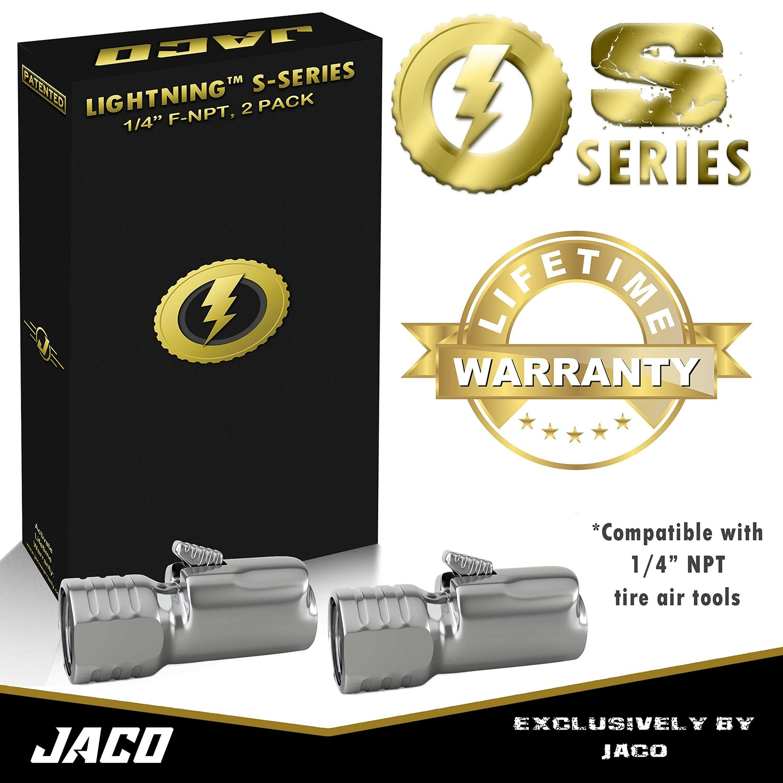 JACO Lightning Tire Air Chuck (S-Series) | Open Flow, 1/4" F-NPT (2 Pack)