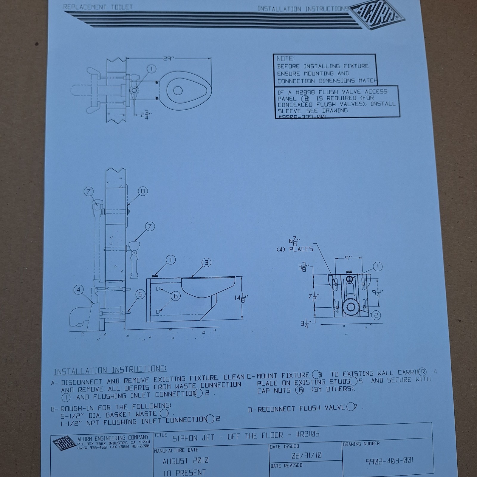 Acorn Controls Prison Toilet R2105-W-1 Toilet, Wall, Satin, Stainless Steel, ADA