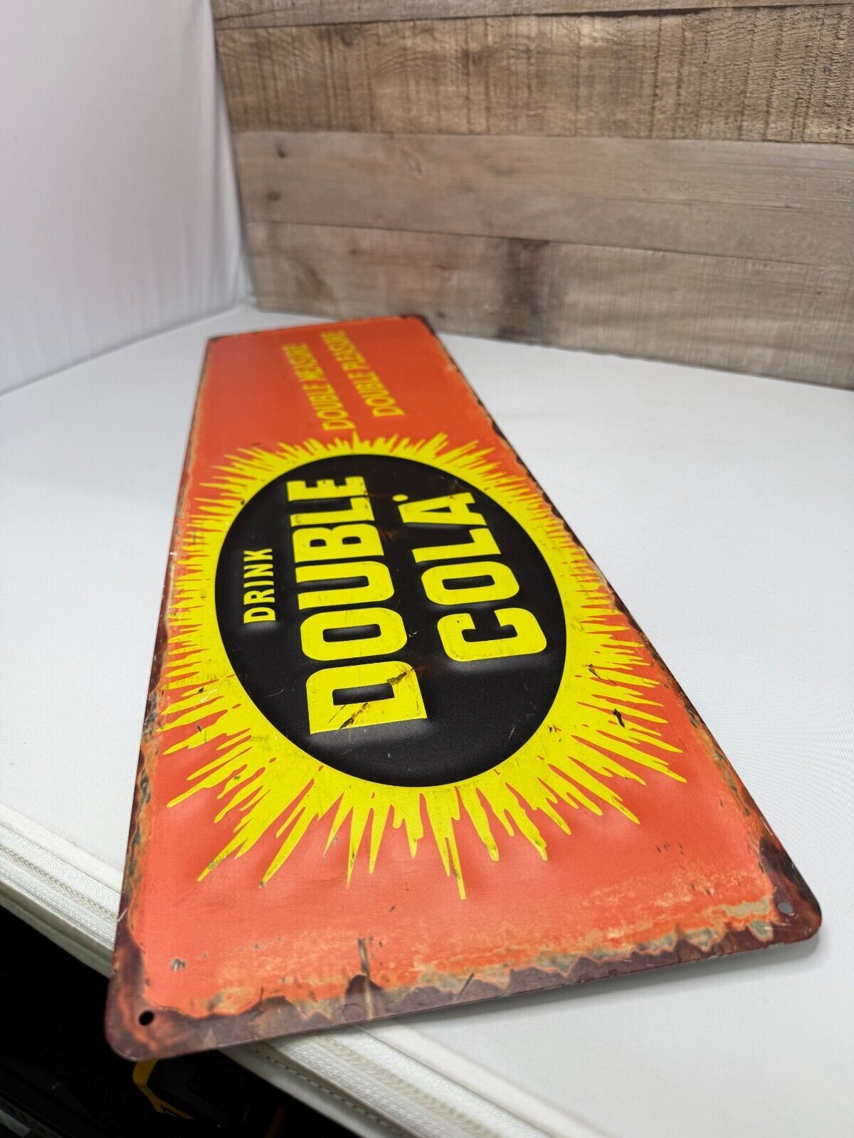 "DOUBLE COLA" EMBOSSED METAL ADVERTISING SIGN, (26"x 8") AWESOME SIGN