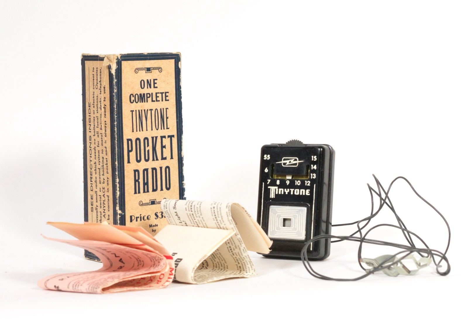 Vintage TinyTone Pocket Crystal Radio In Box w/LOTS of Original Paper * Works