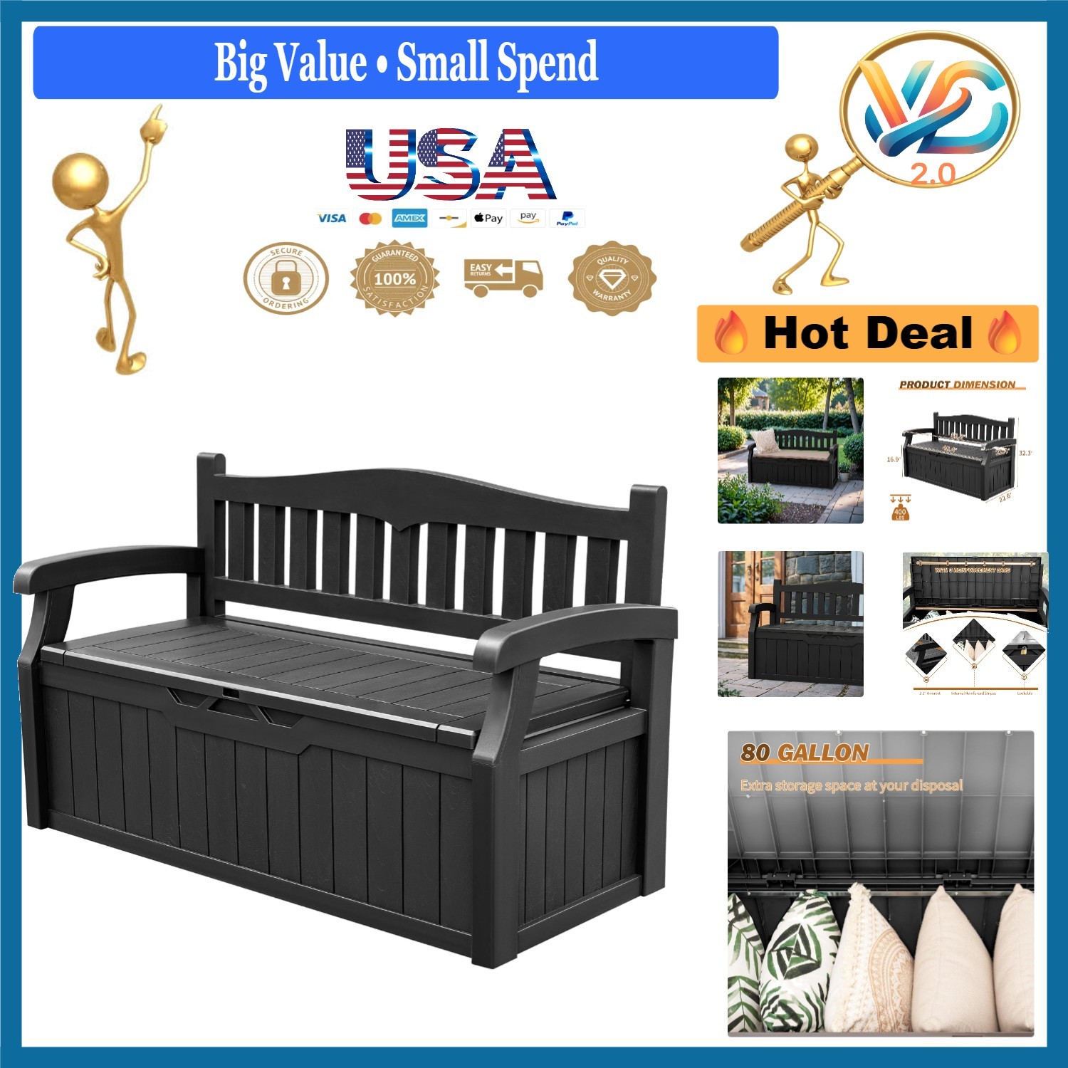 80 Gallon Lockable Storage Bench Outdoor Patio Furniture Garden Tool Box Black