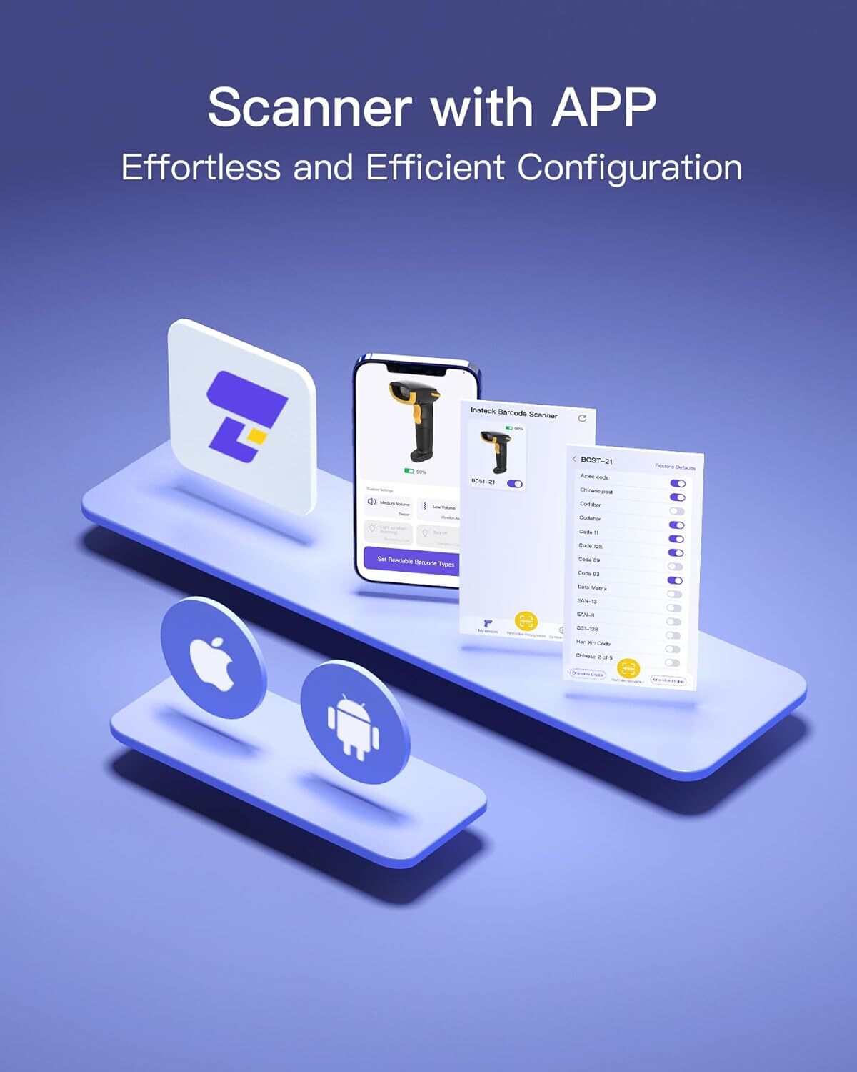 Inateck Wireless Barcode Scanner with APP/SDK Bluetooth 1D USB Barcode Reader