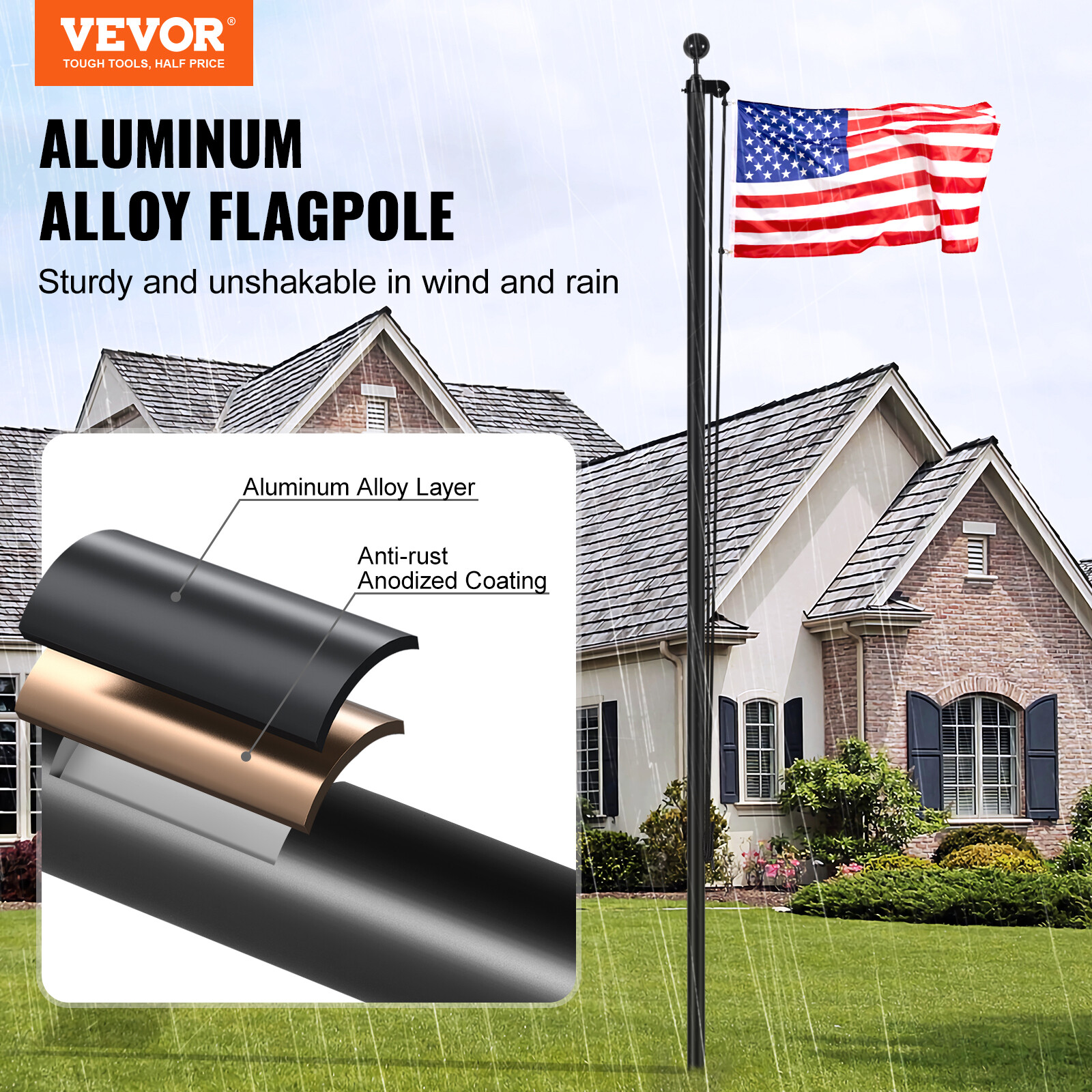 VEVOR 30FT Detachable Flagpole Kit Heavy Duty Aluminum Flag Pole American Black