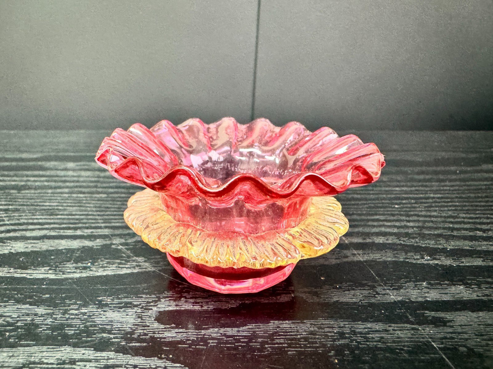 Uranium Glass Cranberry Vaseline Ruffle Open Salt Cellar Antique Victorian Era