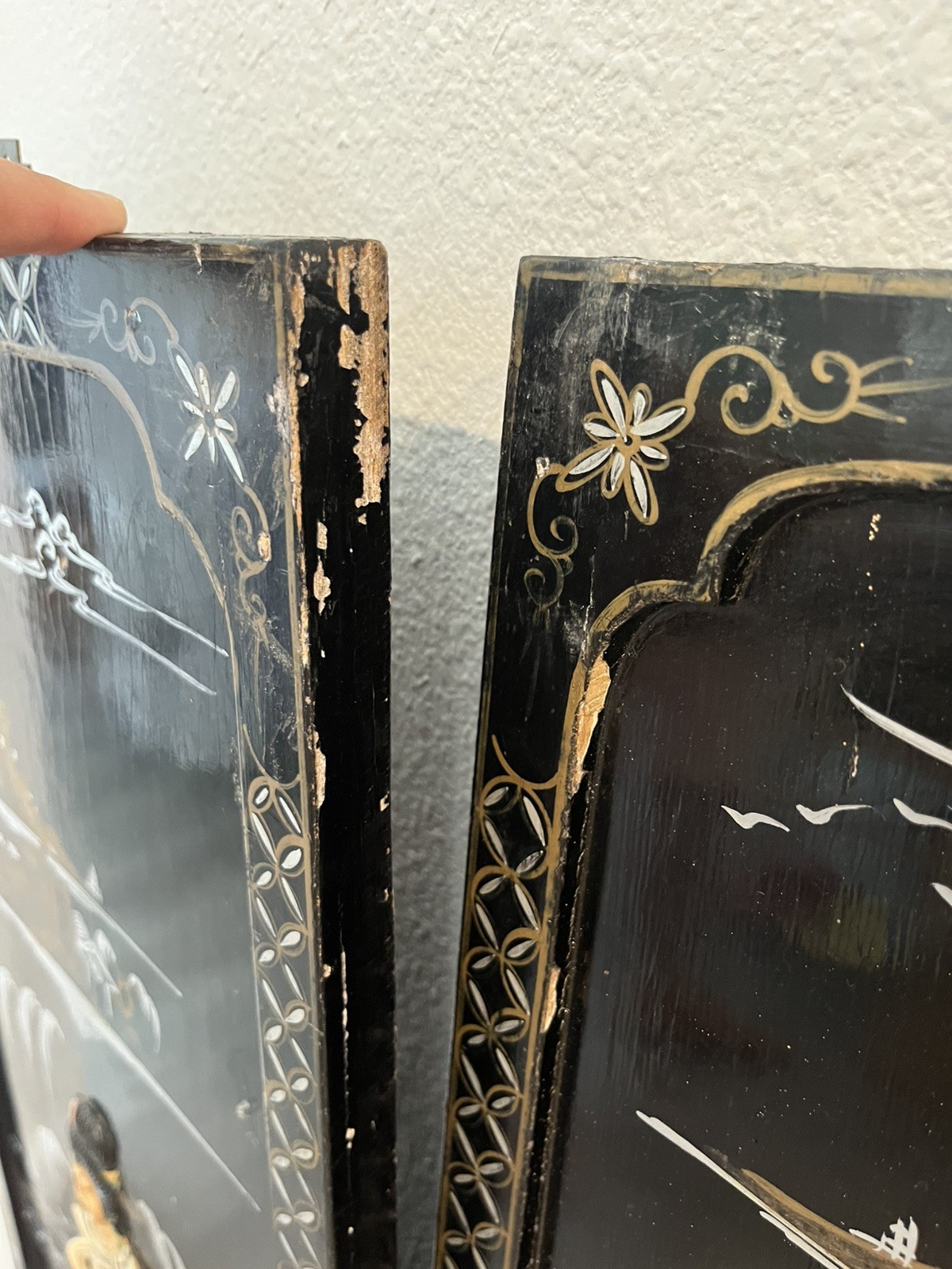 VTG 5 Asian Oriental BLACK Lacquer Mother of Pearl Wall Panels 36H x 11,5W, 30”