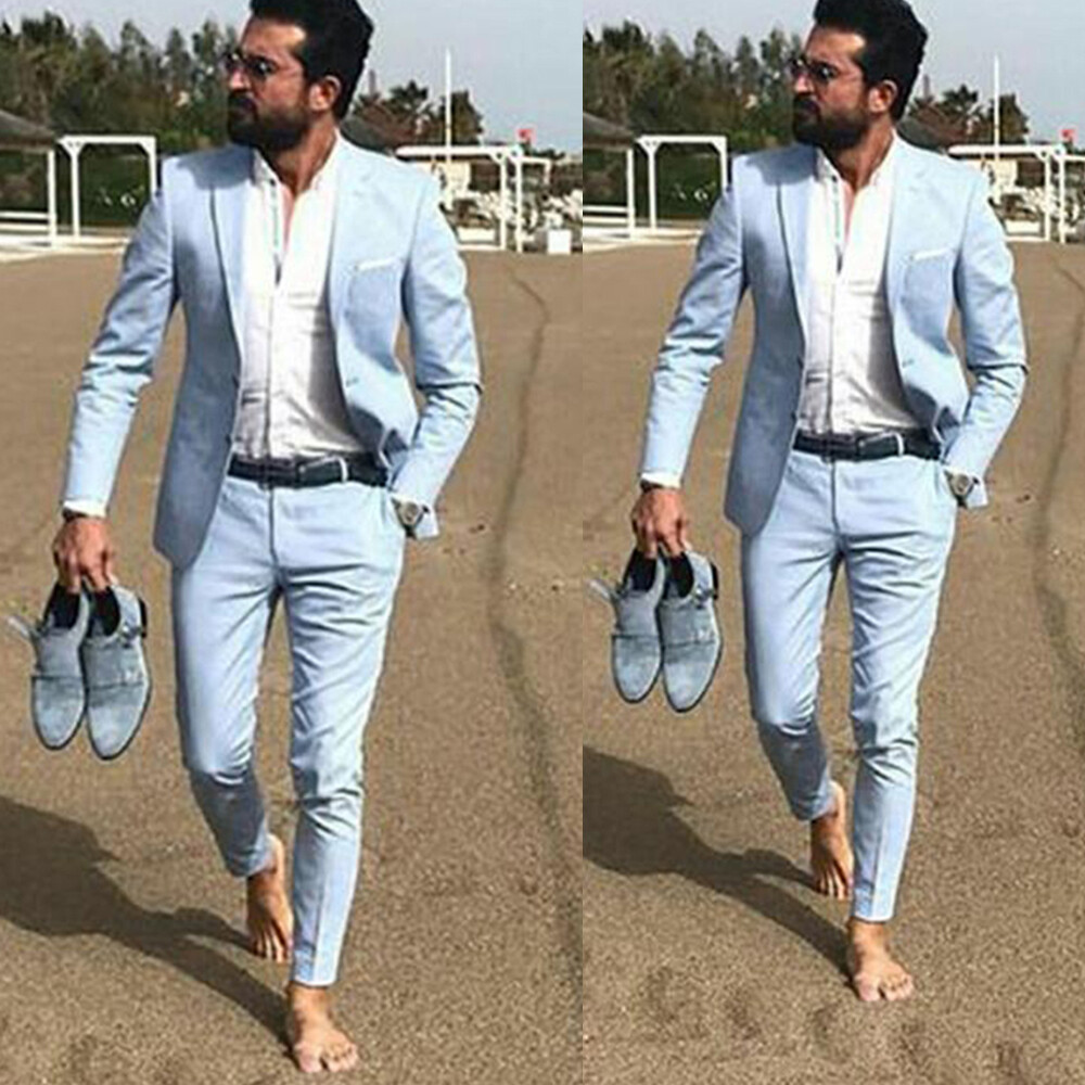 Blue Linen Men Suits Summer 2Pieces Peak Lapel Wedding Groom Prom Party Tuxedos