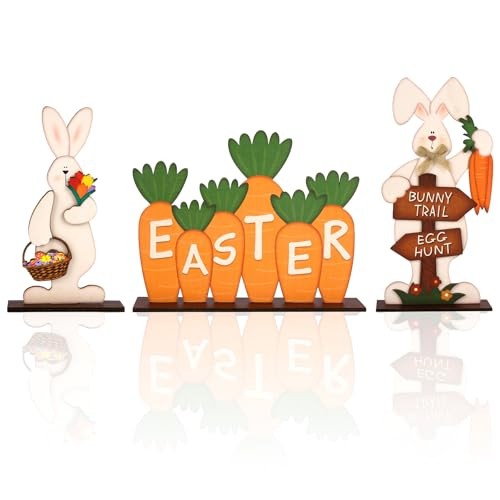 3Pcs Easter Decorations for Home Wooden Bunny Large 3Pcs Easter Wooden Sign