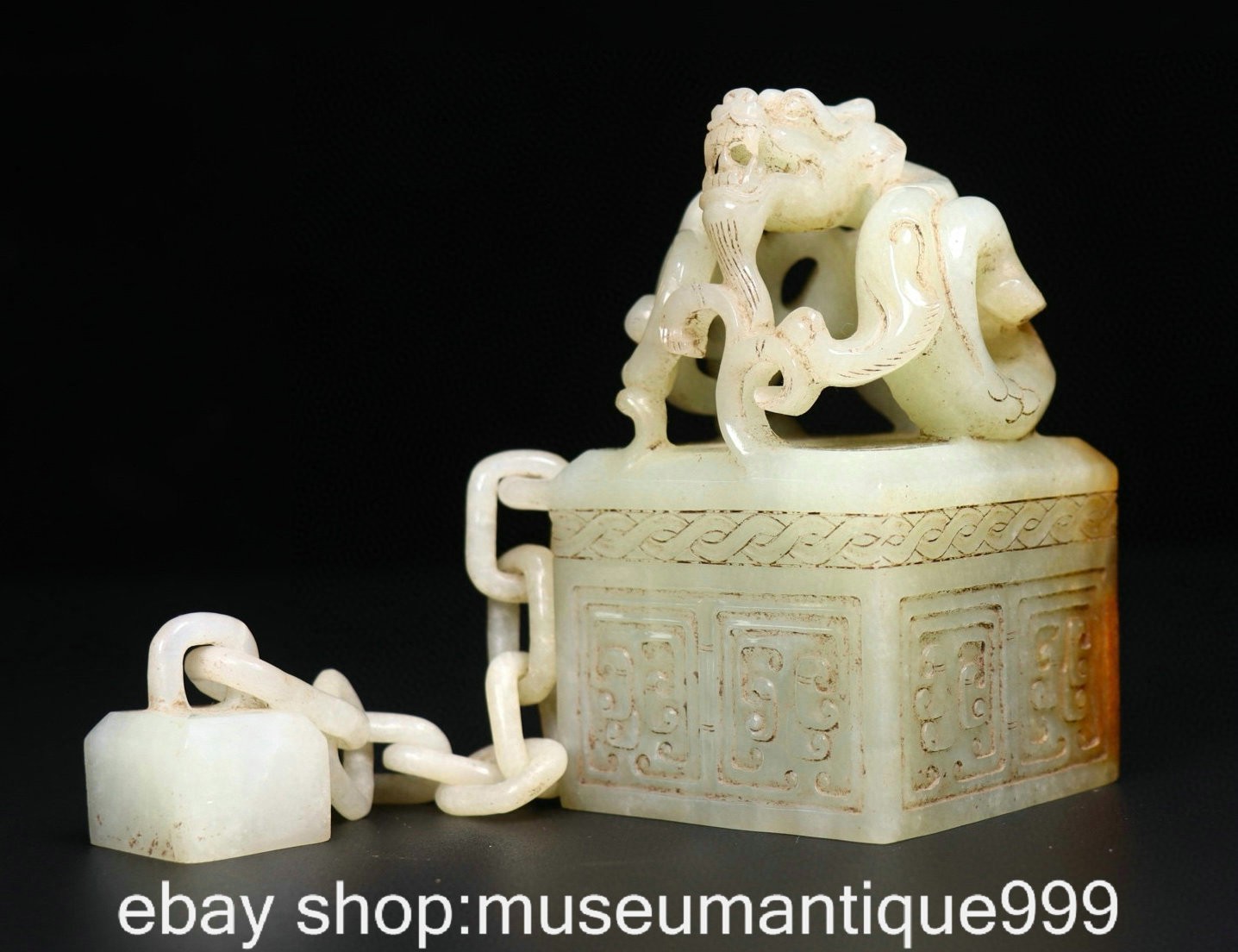 3.8" Old Chinese Hetian White Jade Carving Dragon Beast Seal Stamp Signet Set