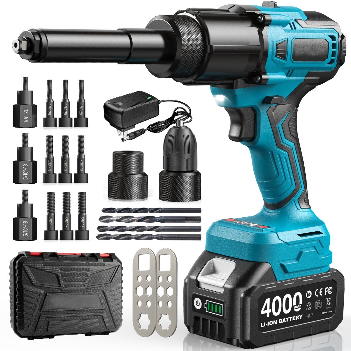 Seesii Electric Auto/Manual Rivet & Nut Gun 4000mah 10-24" & 1/4" & 5/16" & 3/8"