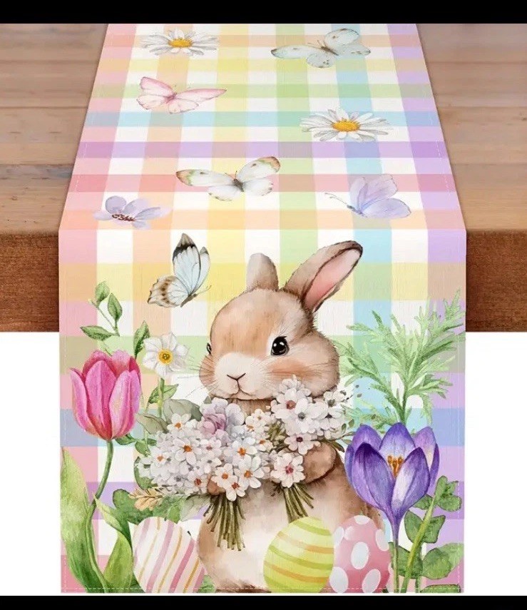 13"x42” Easter Colorful Table Runner Bunny Pastel Gingham Checkered Yellow Pink