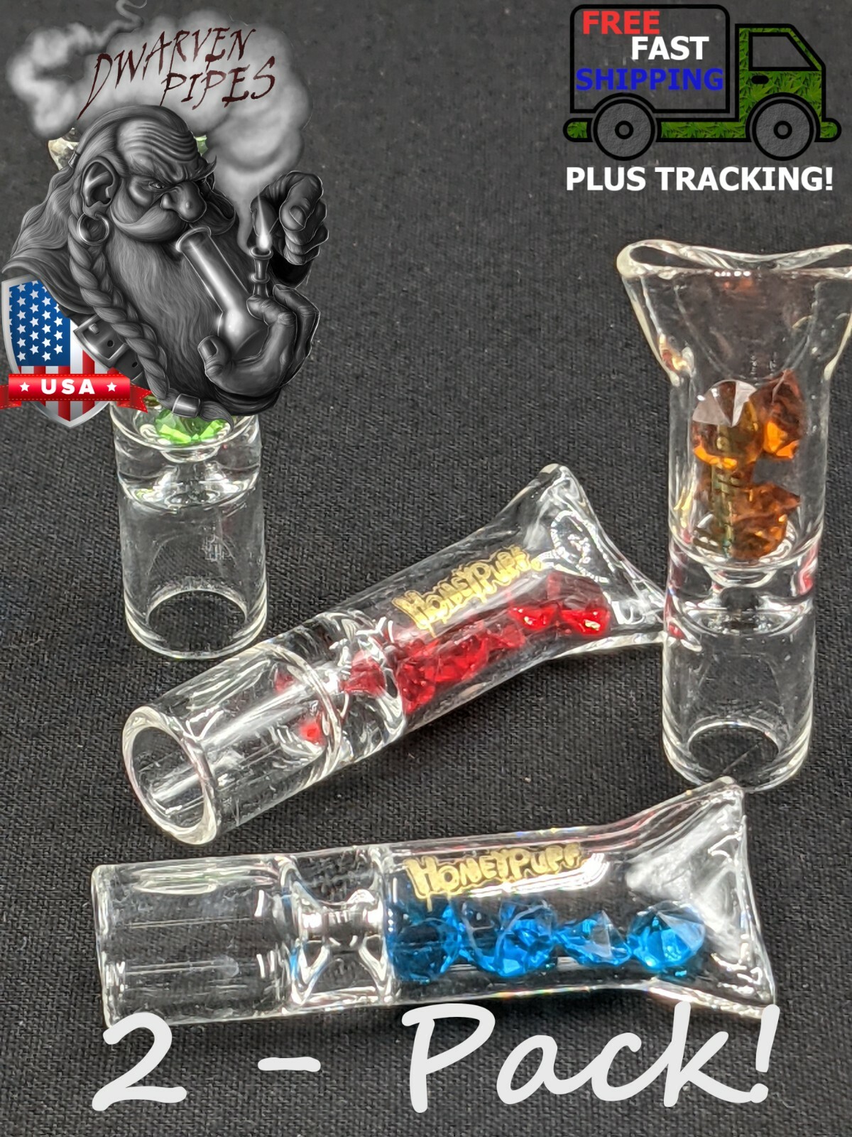 3 Pack: Glass Filter Tips with Diamond Style Pieces for Smoking  - Pinched Lip