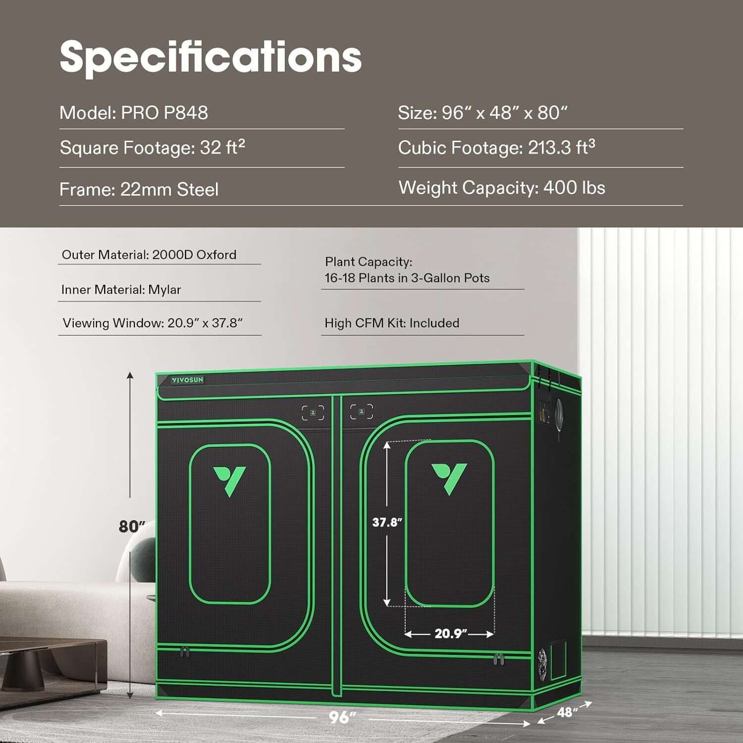 VIVOSUN Advanced 2000D Oxford Indoor Grow Tent,100% Reflective Mylar Non-Toxic