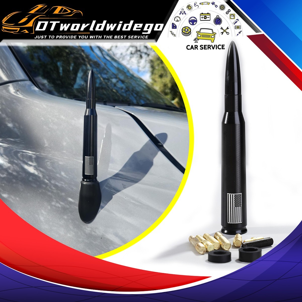 BLACK SHORT US Flag BULLET ANTENNA 50 CAL AM/FM FOR TACOMA TUNDRA 4RUNNER TRUCKS