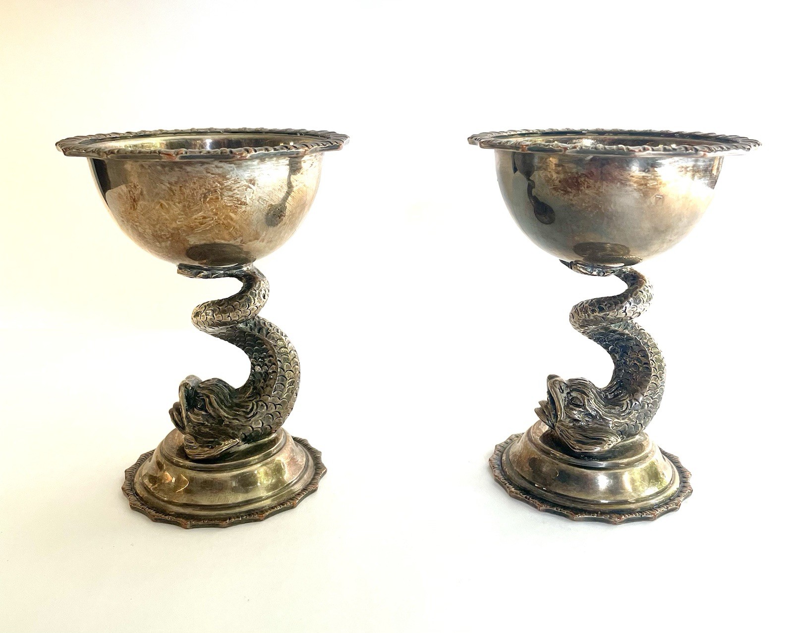Antique Pair Barker Ellis Dolphin Compotes English Silver Plate Victorian