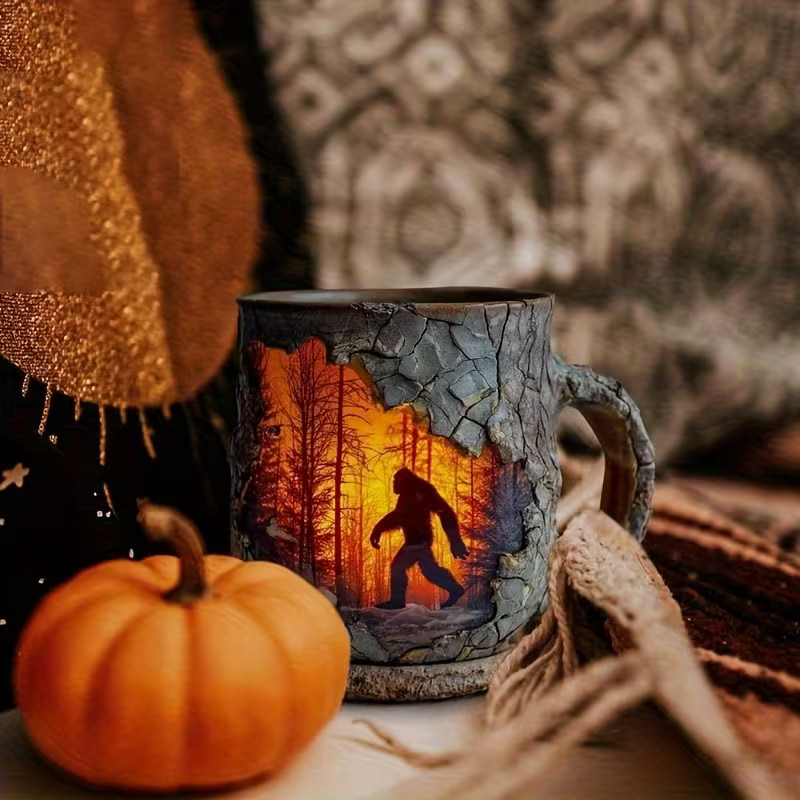 Rustic 3D Bark Coffee Mug - Sasquatch & Forest Fire Design